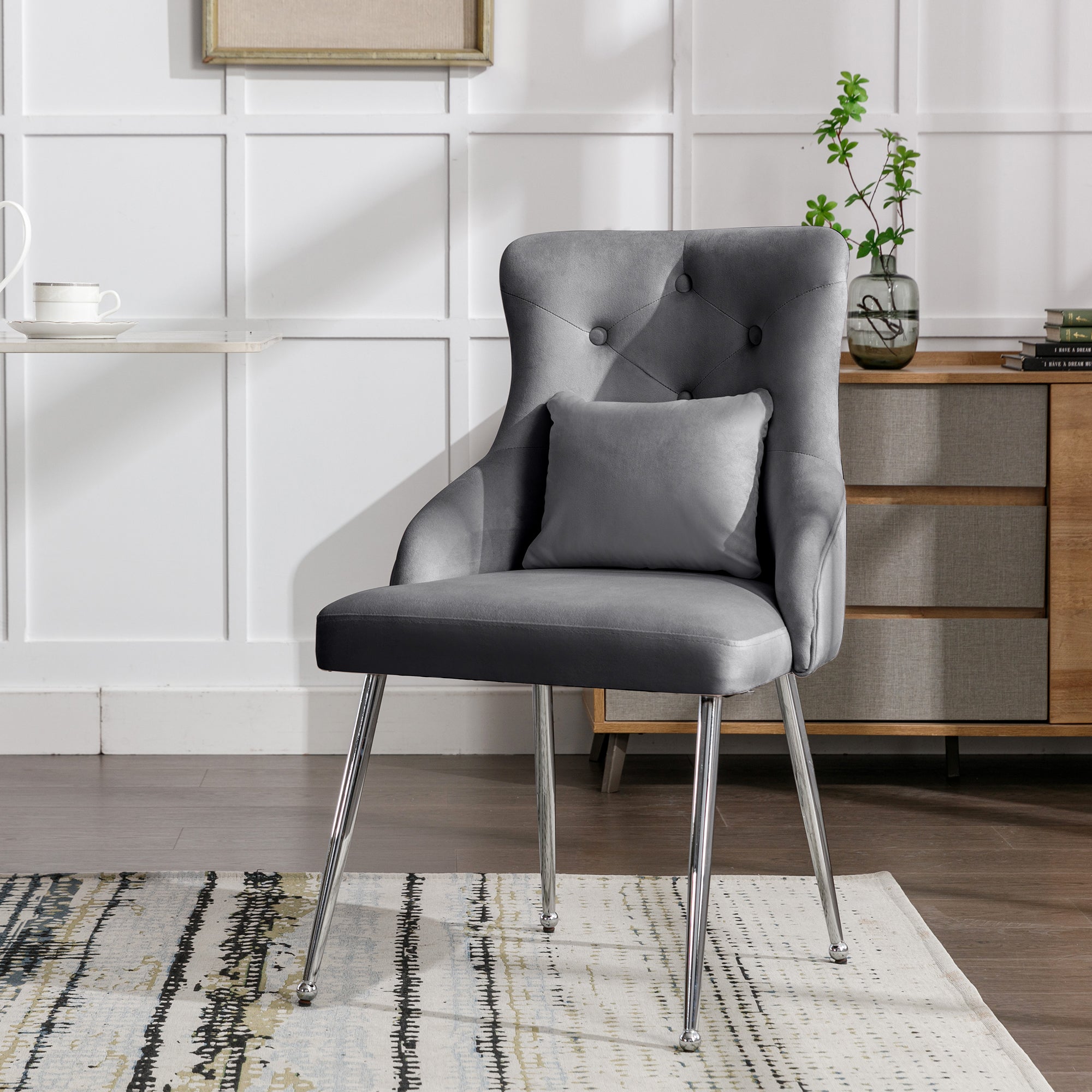 Logidon Gray Velvet Dining Chair With Button Pattern And Lumbar Cushion