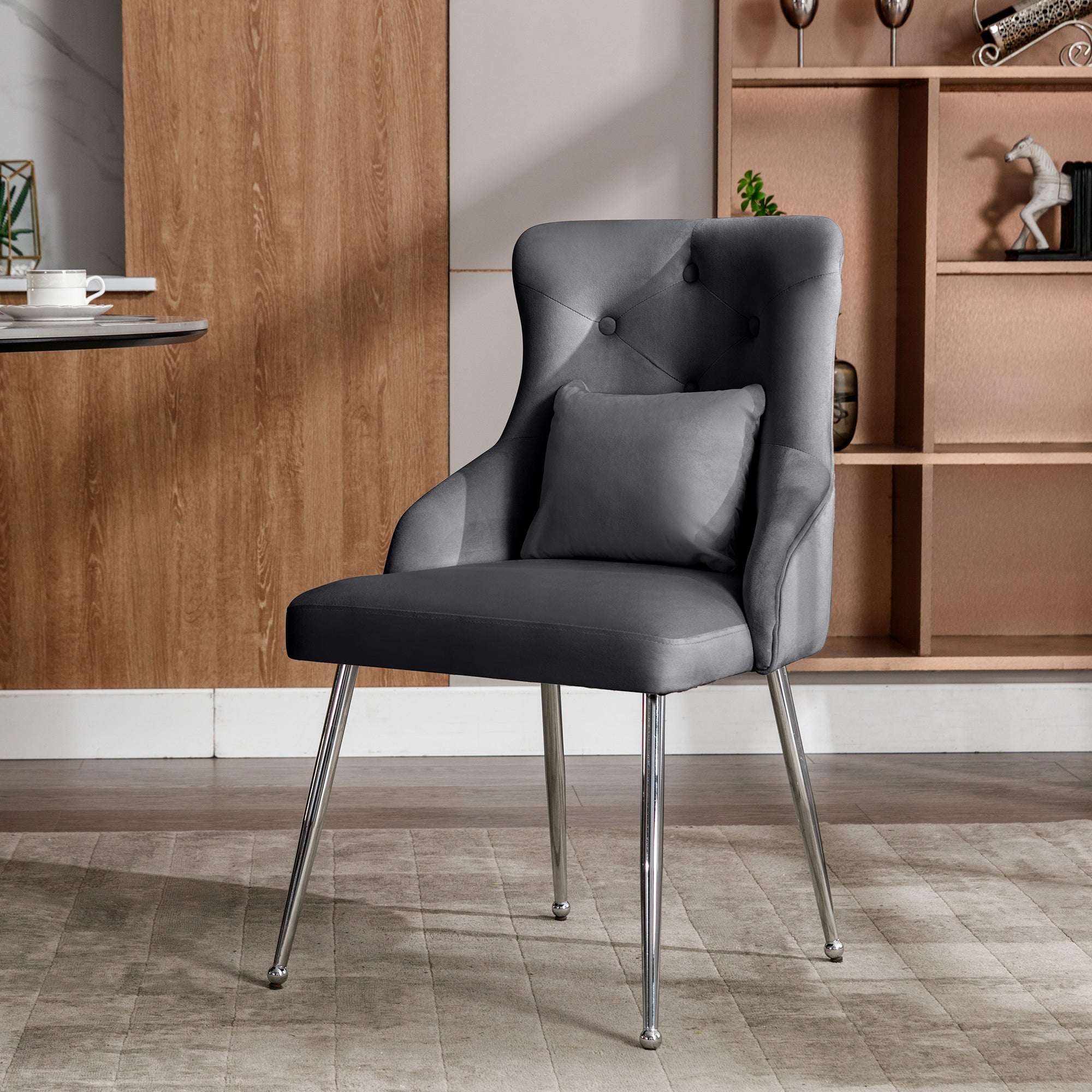 Logidon Gray Velvet Dining Chair With Button Pattern And Lumbar Cushion