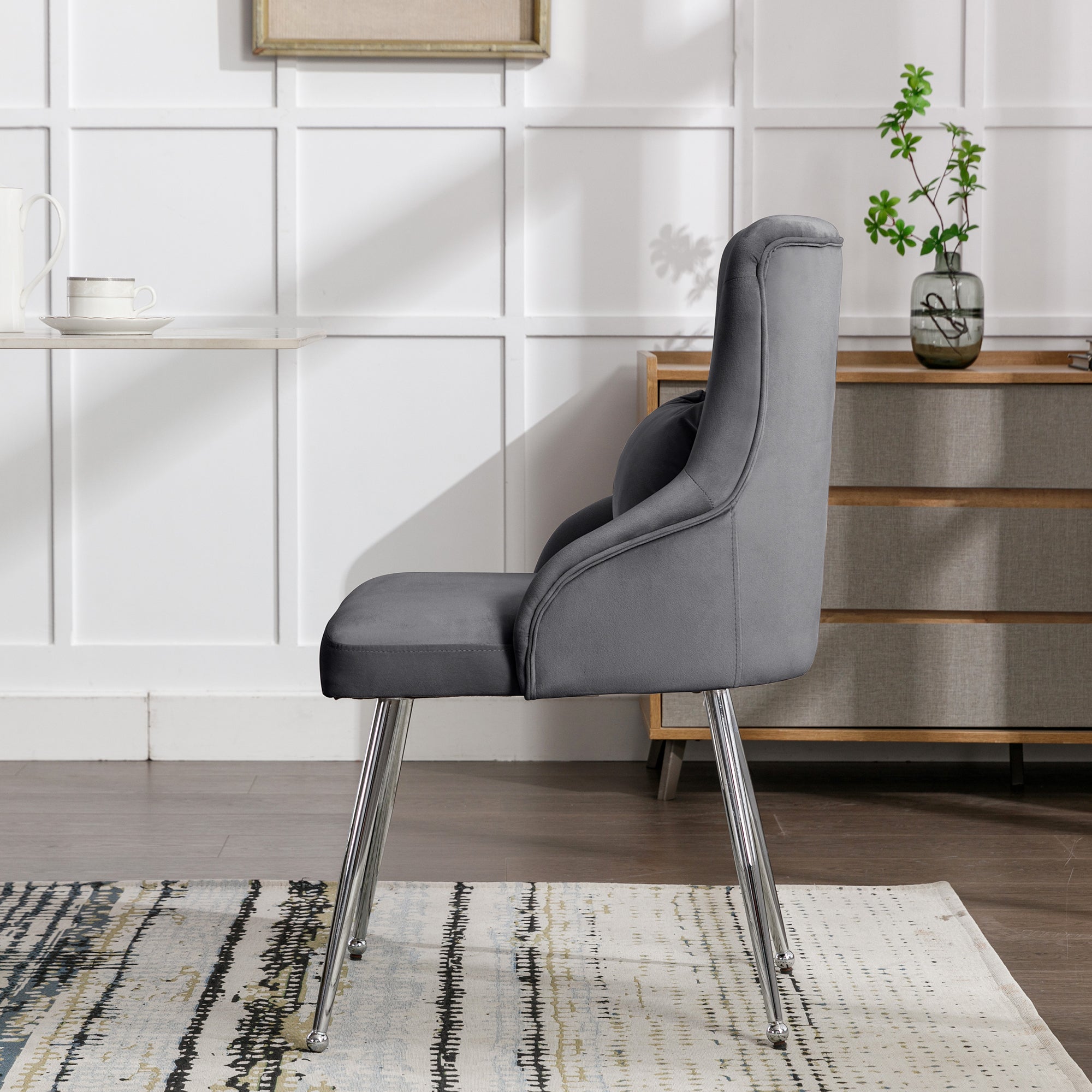 Logidon Set of 2 Gray Velvet Dining Chairs with Lumbar Cushions