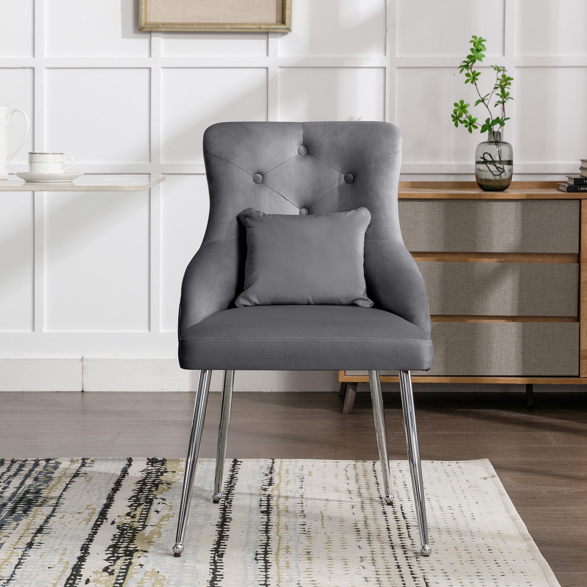 Logidon Set of 2 Gray Velvet Dining Chairs with Lumbar Cushions