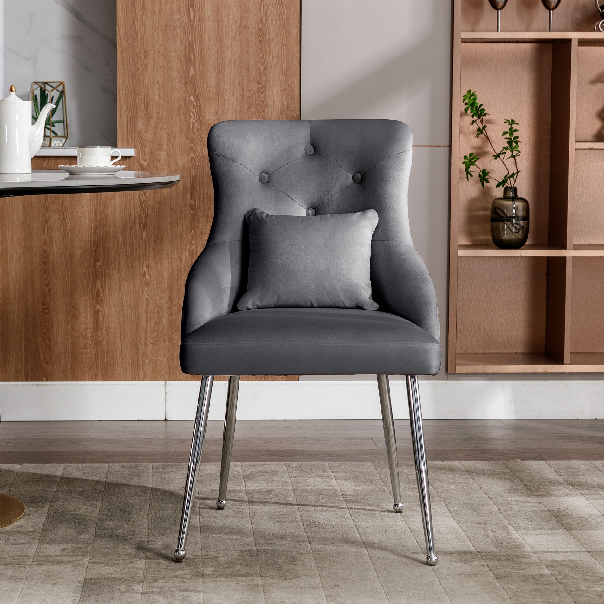 Logidon Set of 2 Gray Velvet Dining Chairs with Lumbar Cushions