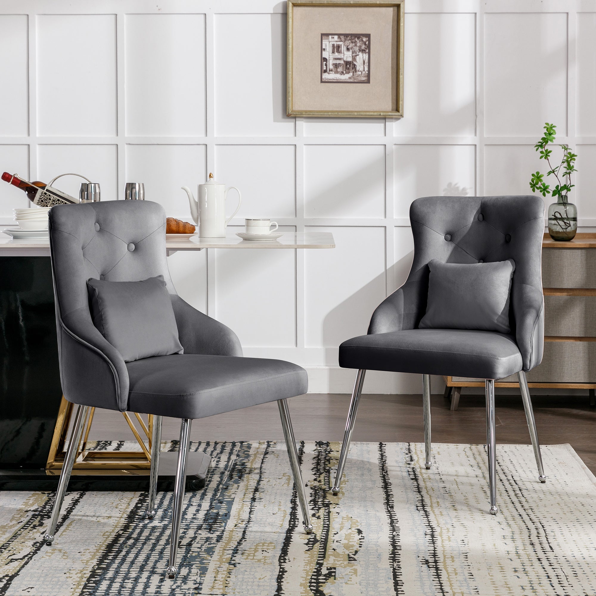 Logidon Set of 2 Gray Velvet Dining Chairs with Lumbar Cushions