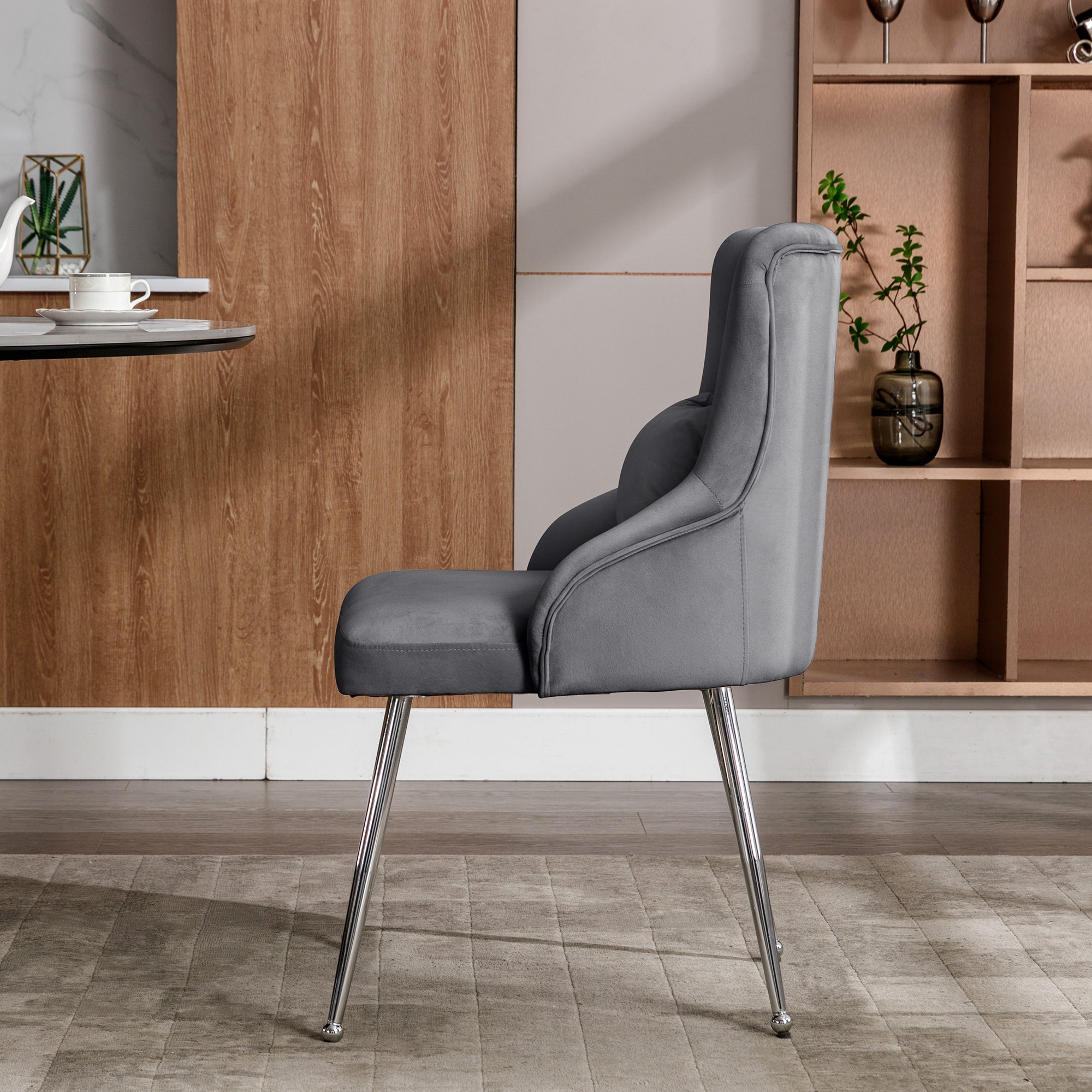 Logidon Gray Velvet Dining Chair With Button Pattern And Lumbar Cushion