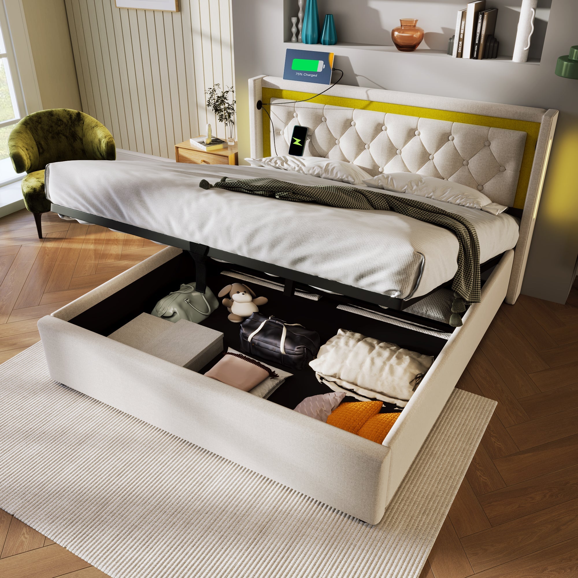 Logidon upholstered bed 140x200 Beige Velvet LED storage space USB-C