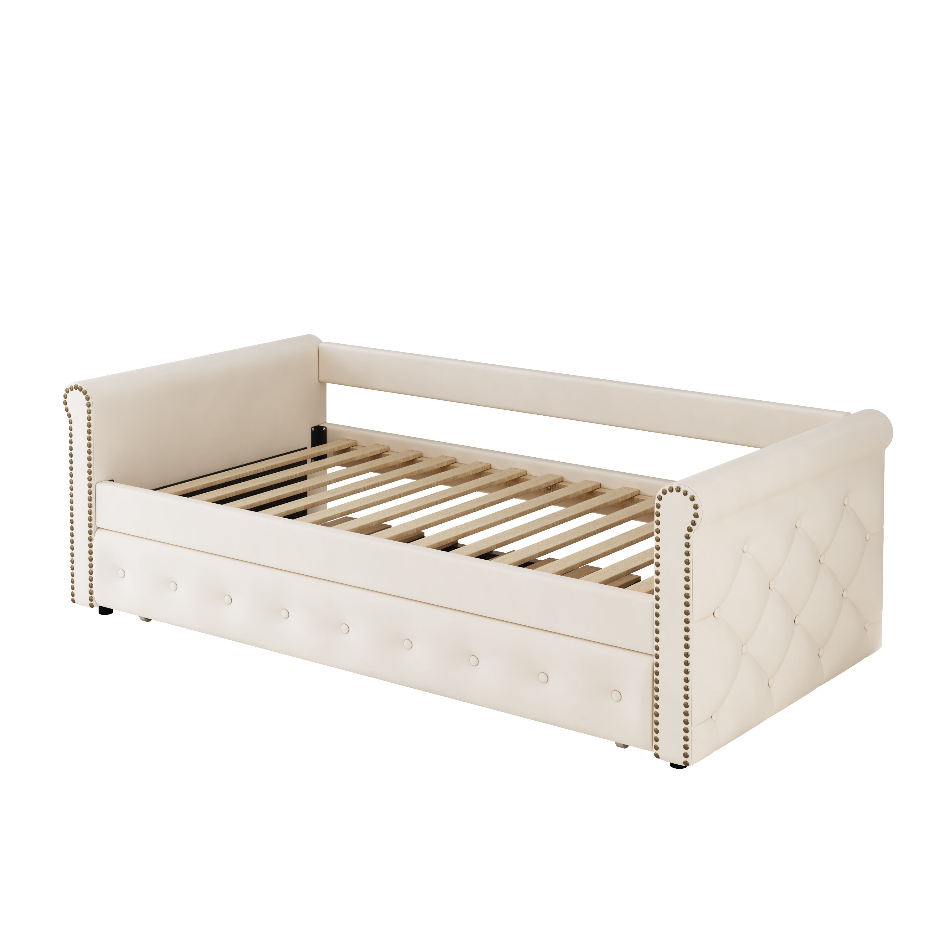Logidon gestoffeerd bed 90x200 uitschuifbare slaapbank beige linnen stof