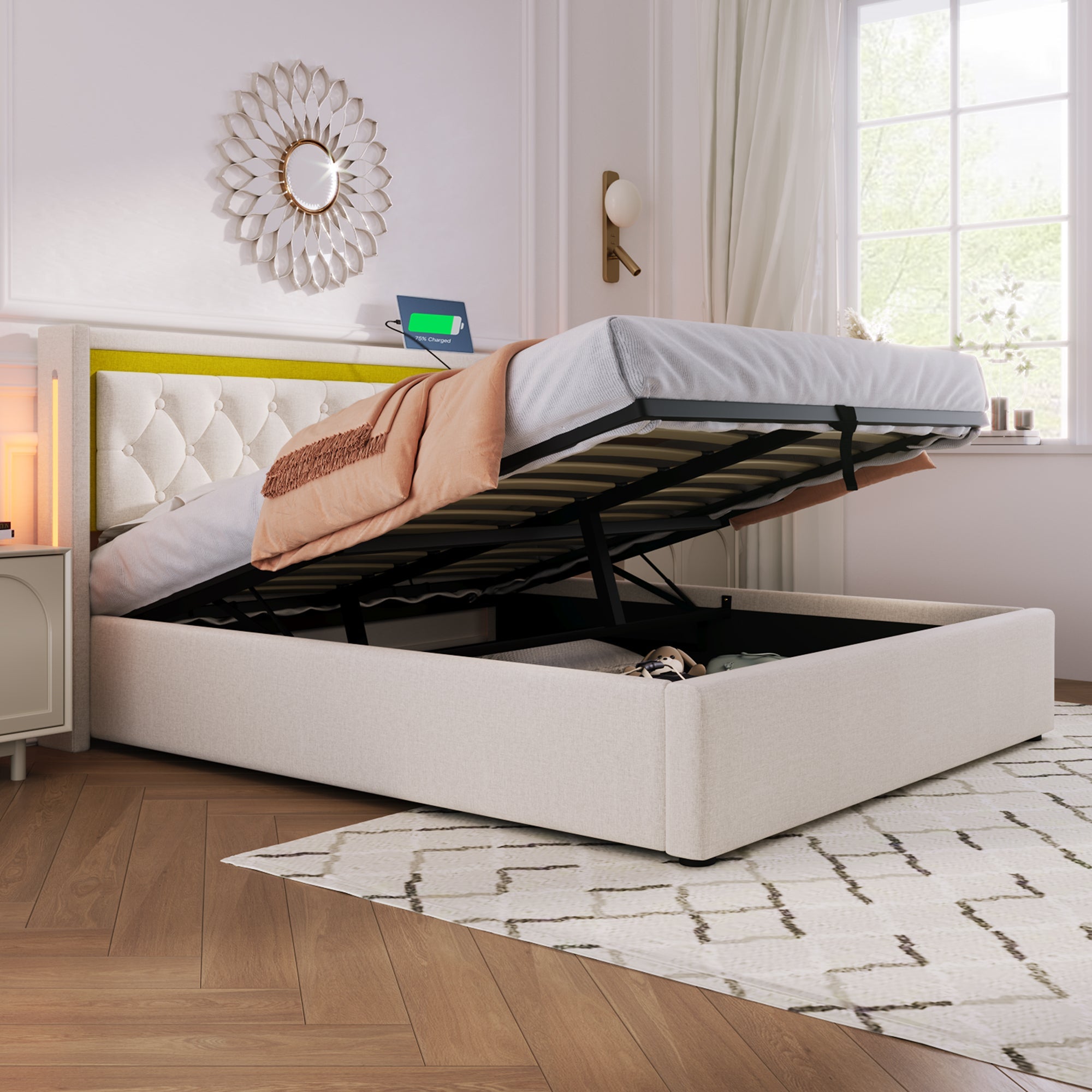 Logidon Gestoffeerd bed Tweepersoonsbed Opbergruimte en USB Type C Beige 160x200