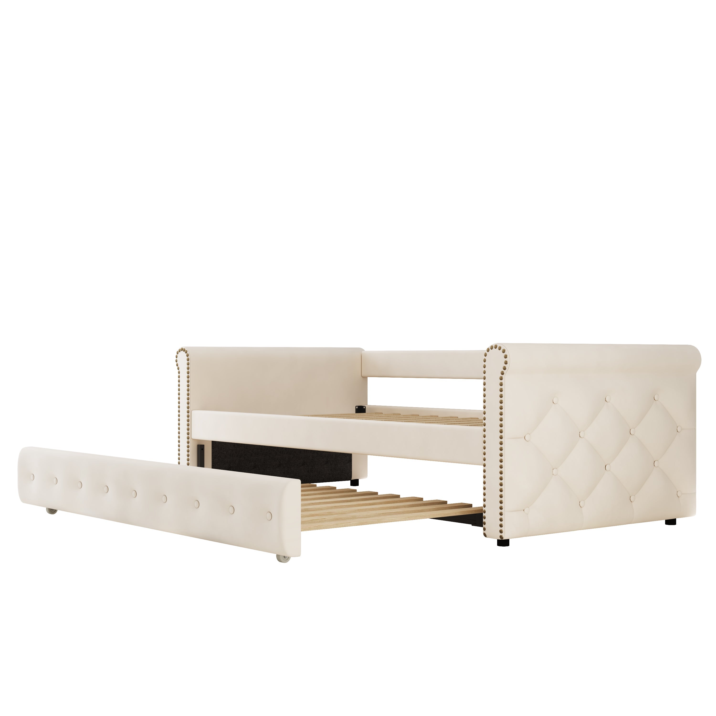 Logidon gestoffeerd bed 90x200 uitschuifbare slaapbank beige linnen stof