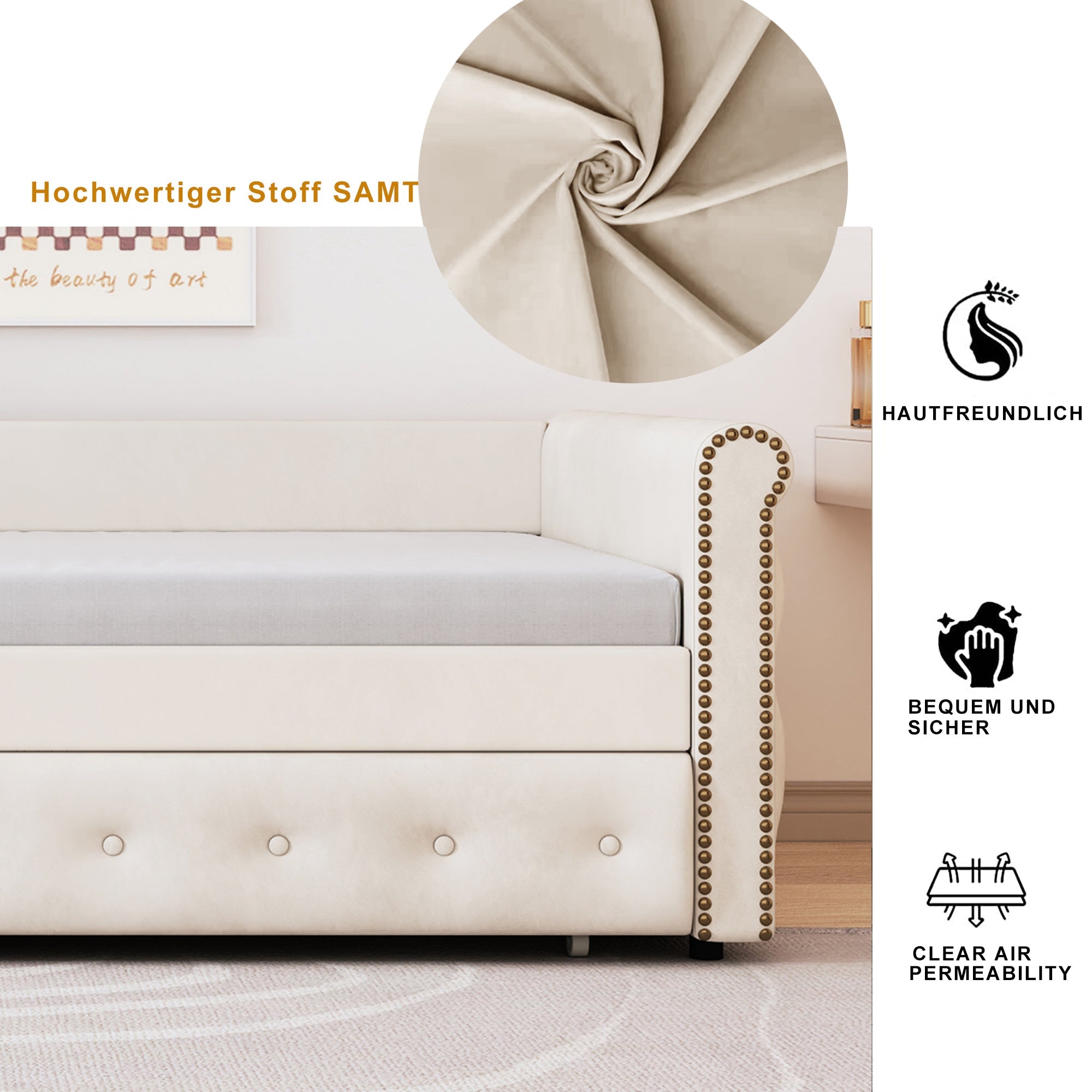 Logidon gestoffeerd bed 90x200 uitschuifbare slaapbank beige linnen stof