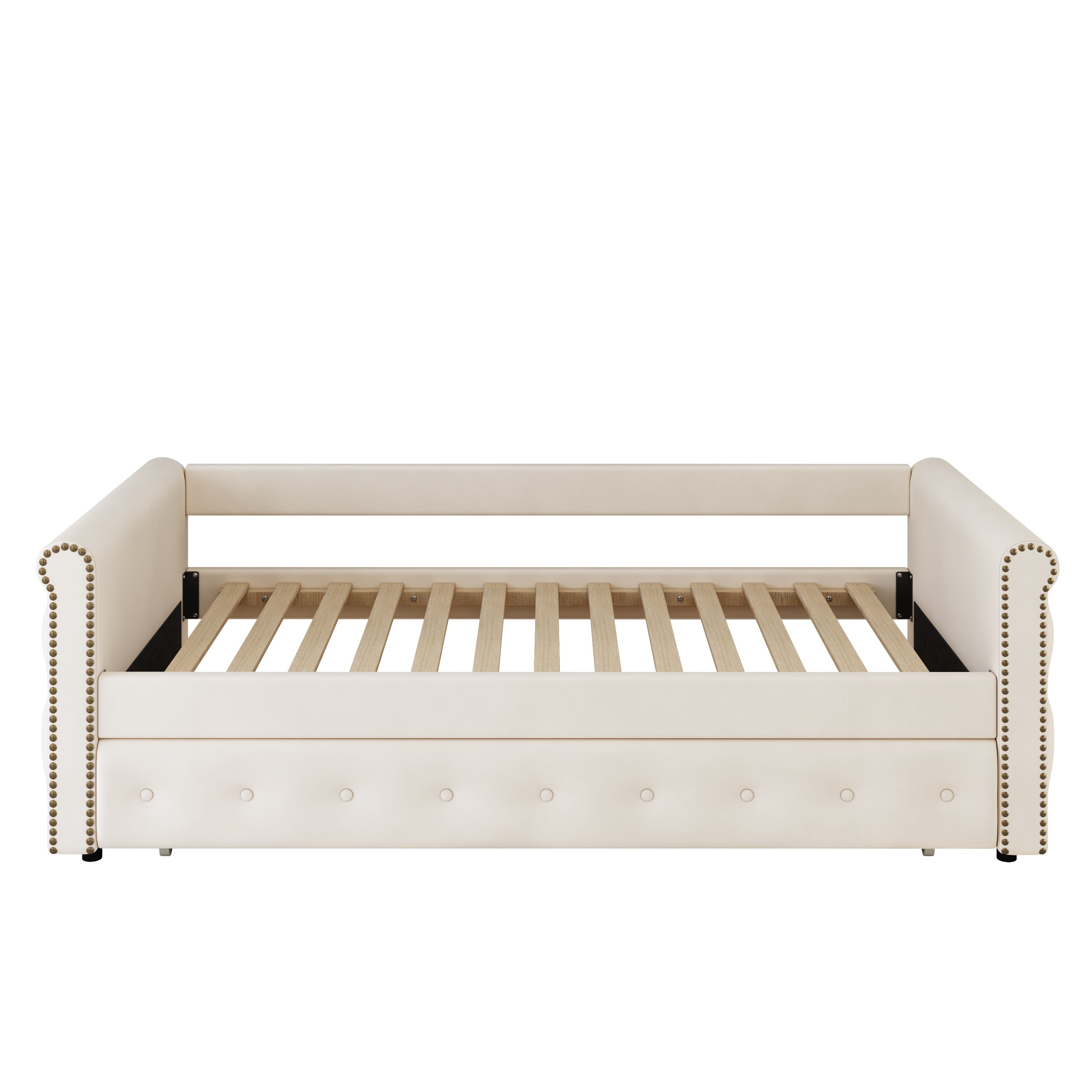 Logidon gestoffeerd bed 90x200 uitschuifbare slaapbank beige linnen stof