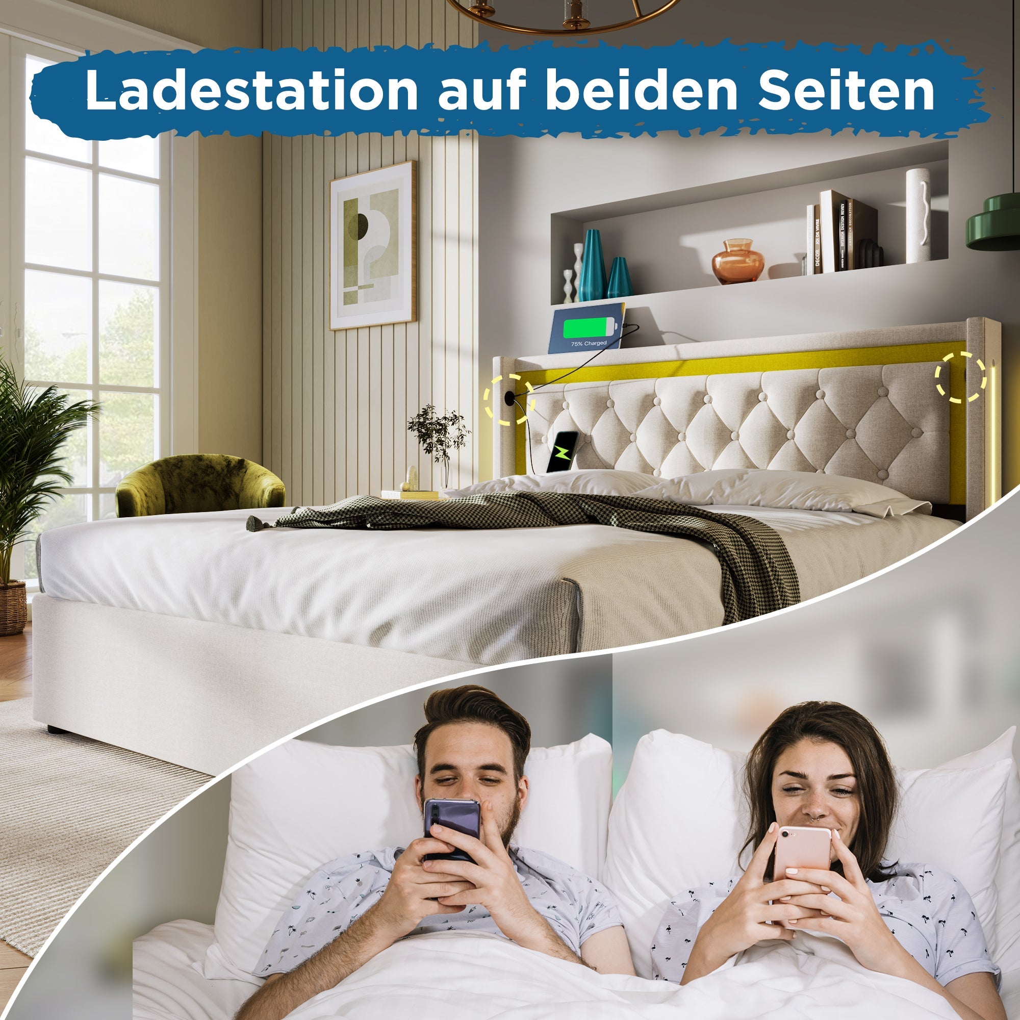 Logidon LED gestoffeerd bed beige 160x200 tweepersoonsbed met opbergruimte USB Type-C