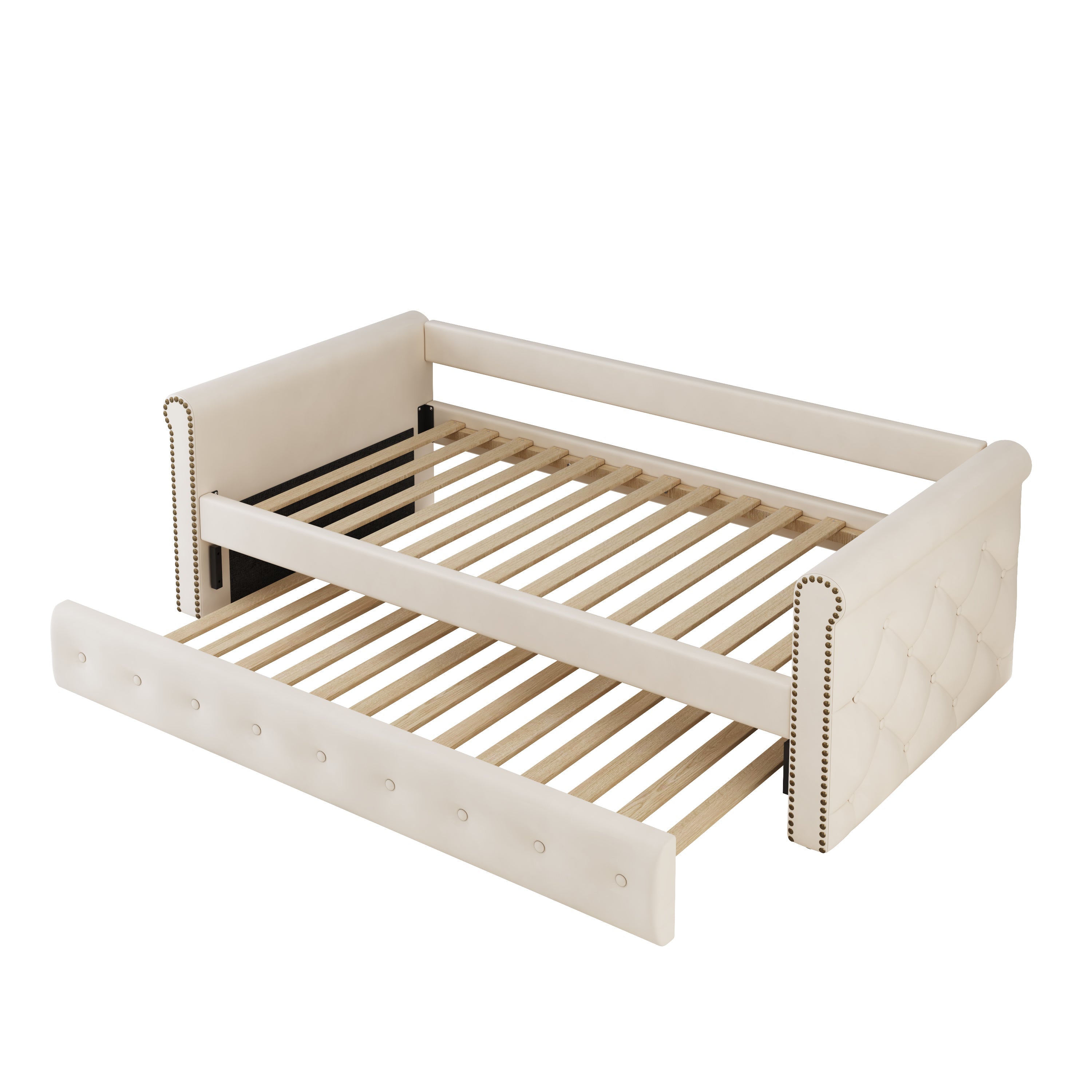 Logidon gestoffeerd bed 90x200 uitschuifbare slaapbank beige linnen stof