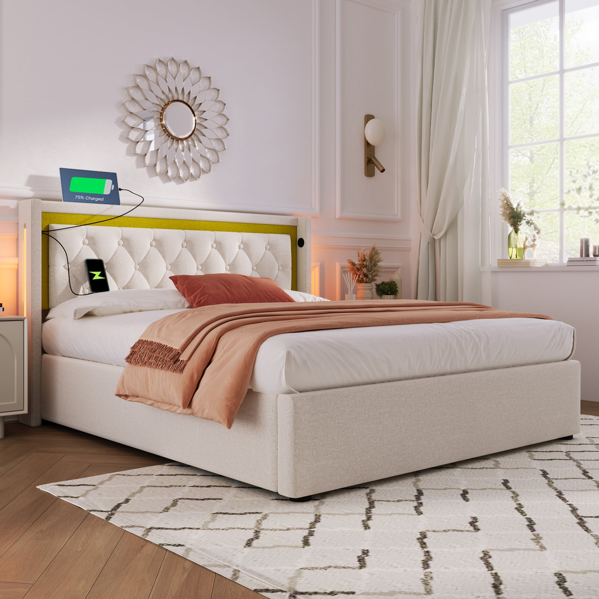 Logidon Gestoffeerd bed Tweepersoonsbed Opbergruimte en USB Type C Beige 160x200