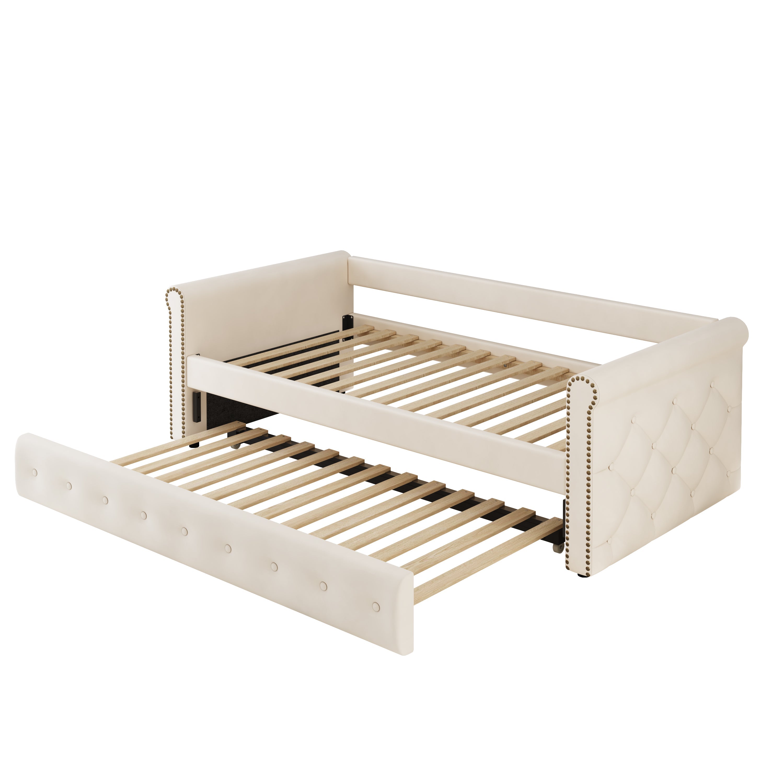Logidon gestoffeerd bed 90x200 uitschuifbare slaapbank beige linnen stof