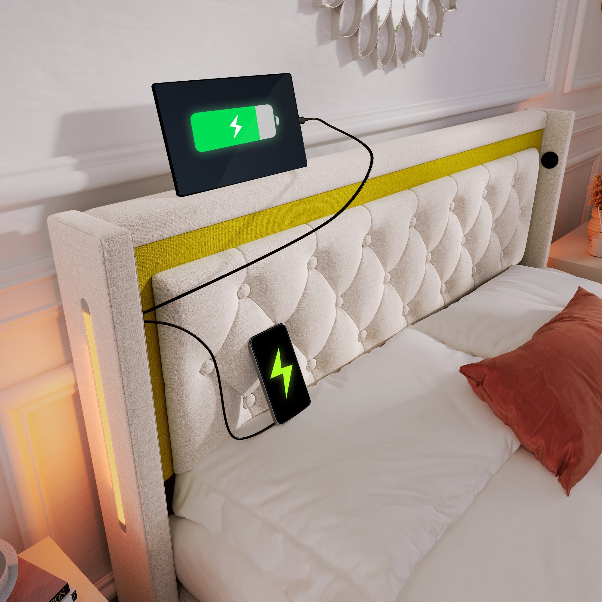 Logidon LED gestoffeerd bed beige 160x200 tweepersoonsbed met opbergruimte USB Type-C
