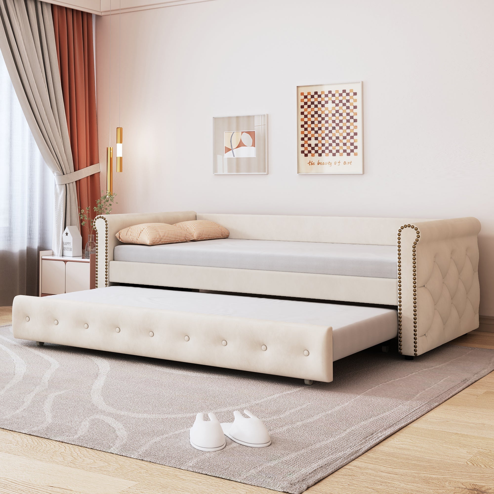 Logidon gestoffeerd bed 90x200 uitschuifbare slaapbank beige linnen stof