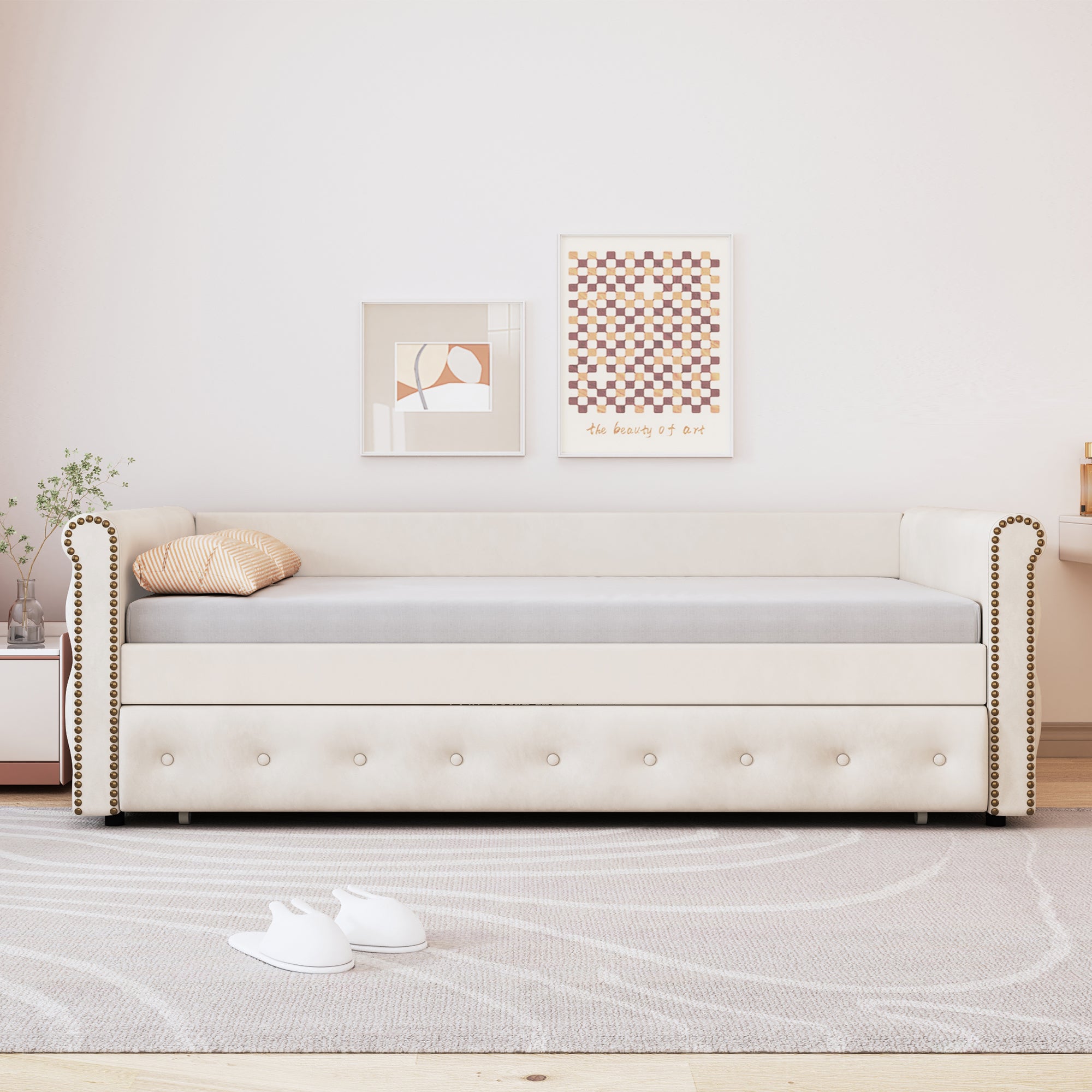 Logidon gestoffeerd bed 90x200 uitschuifbare slaapbank beige linnen stof