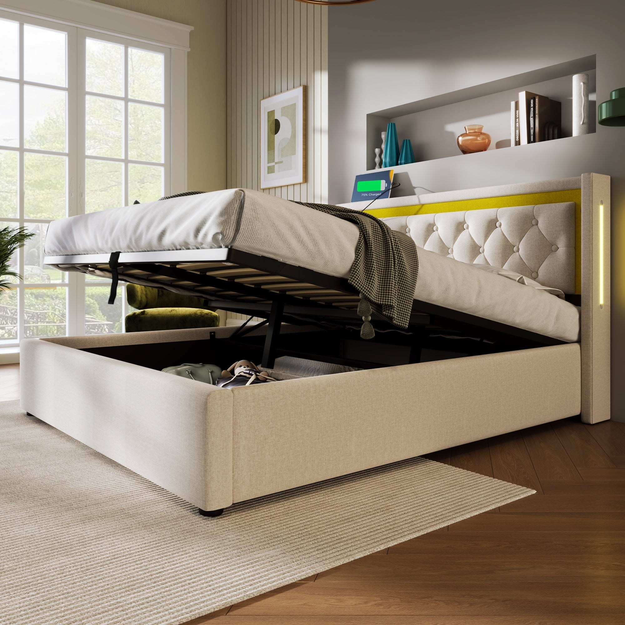 Logidon Gestoffeerd bed Tweepersoonsbed Opbergruimte en USB Type C Beige 160x200