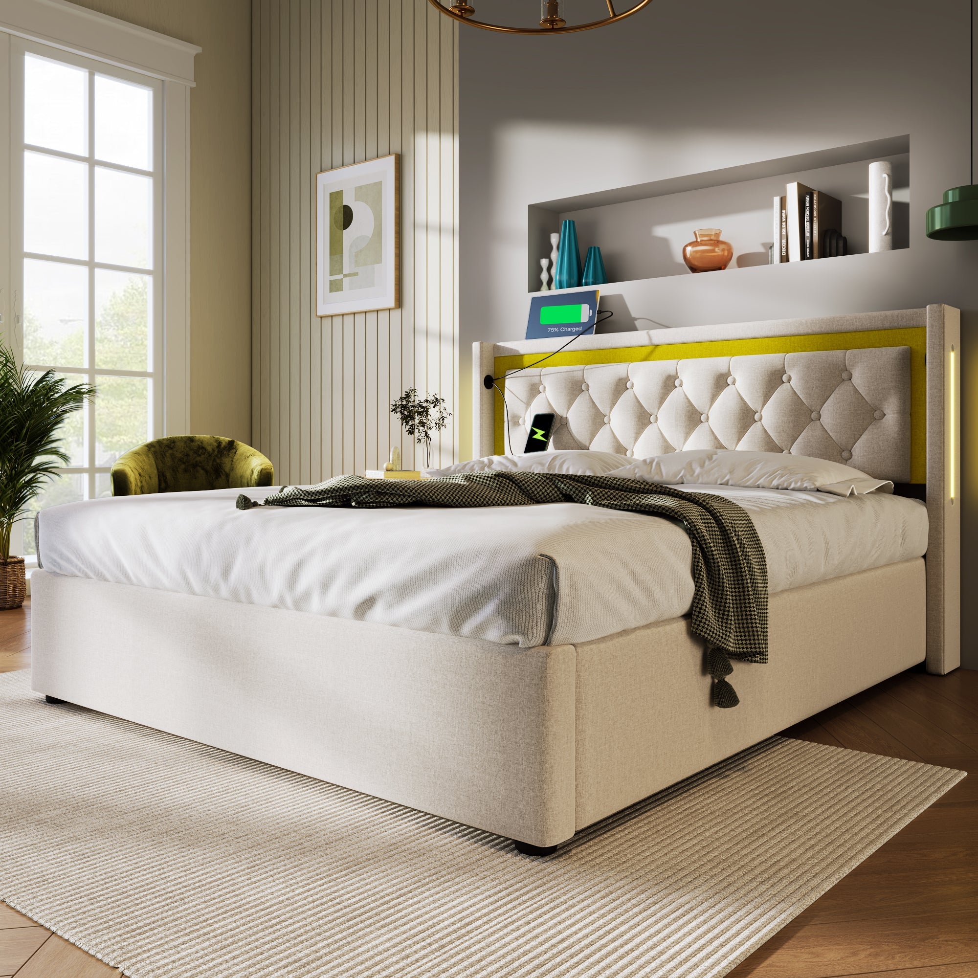 Logidon gestoffeerd bed 140x200 LED bedbox USB-C oplaadfunctie beige