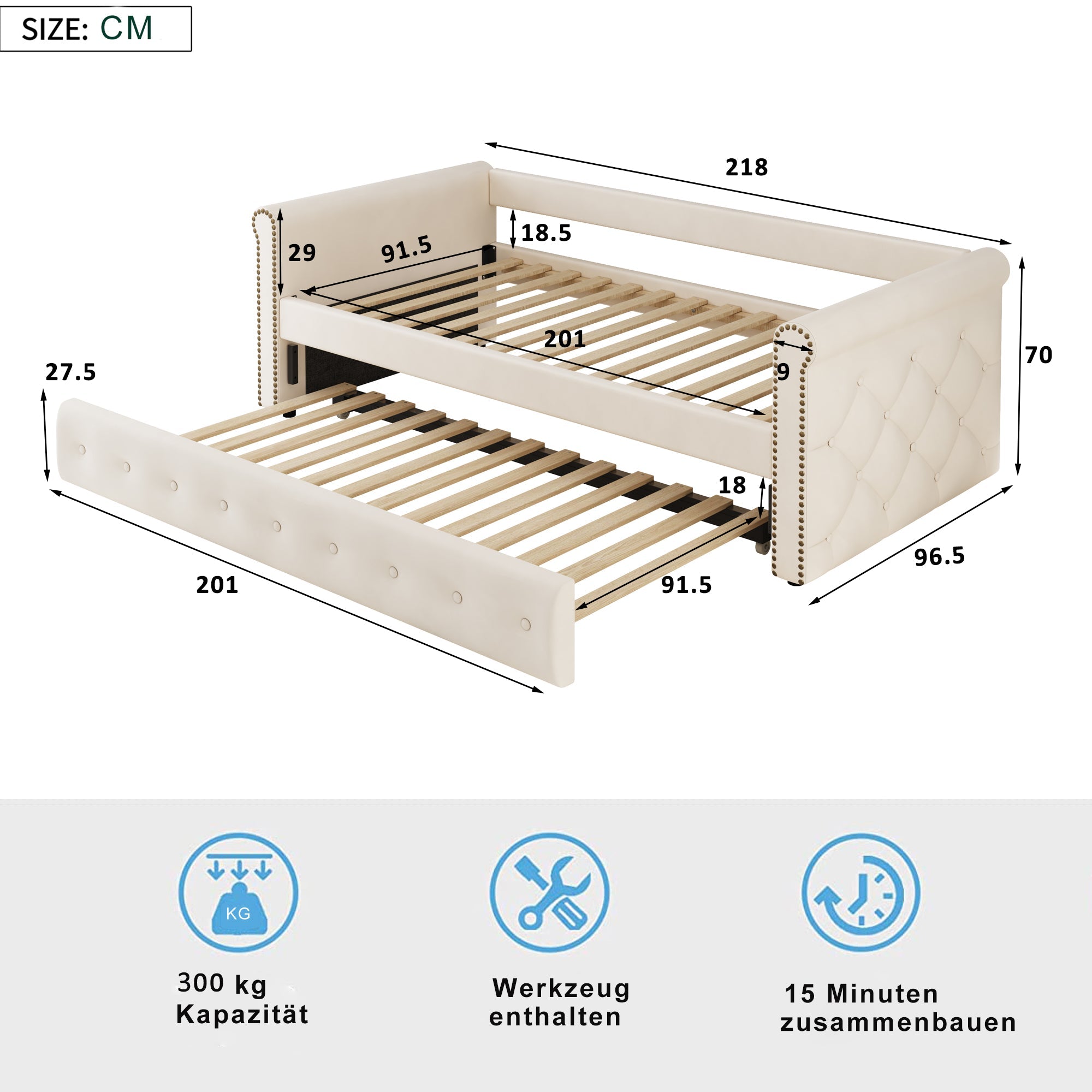 Logidon gestoffeerd bed 90x200 uitschuifbare slaapbank beige linnen stof