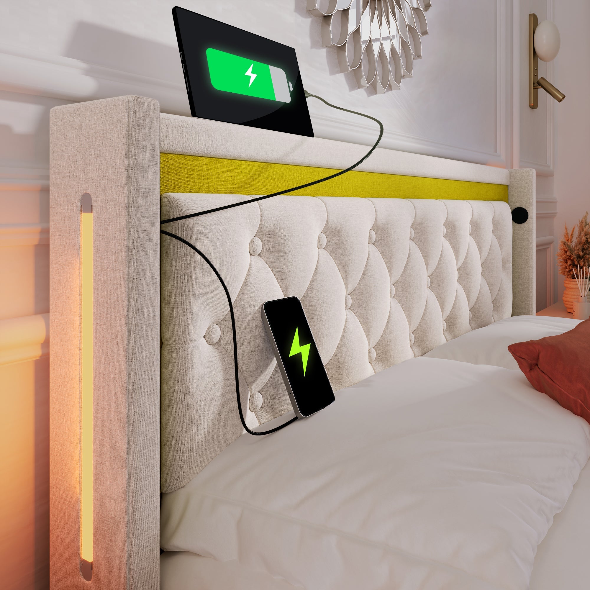 Logidon LED gestoffeerd bed beige 160x200 tweepersoonsbed met opbergruimte USB Type-C