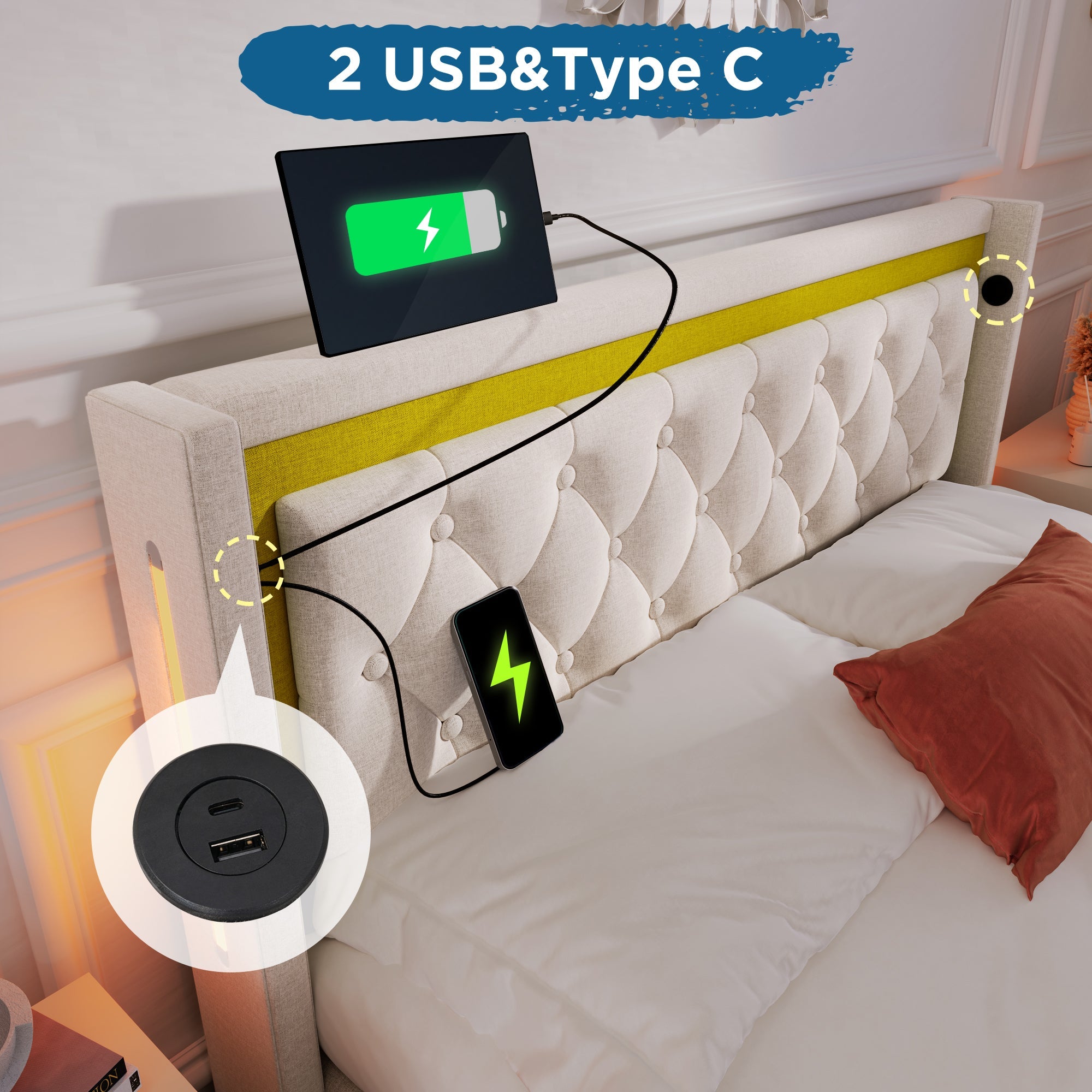 Logidon gestoffeerd bed 140x200 LED bedbox USB-C oplaadfunctie beige