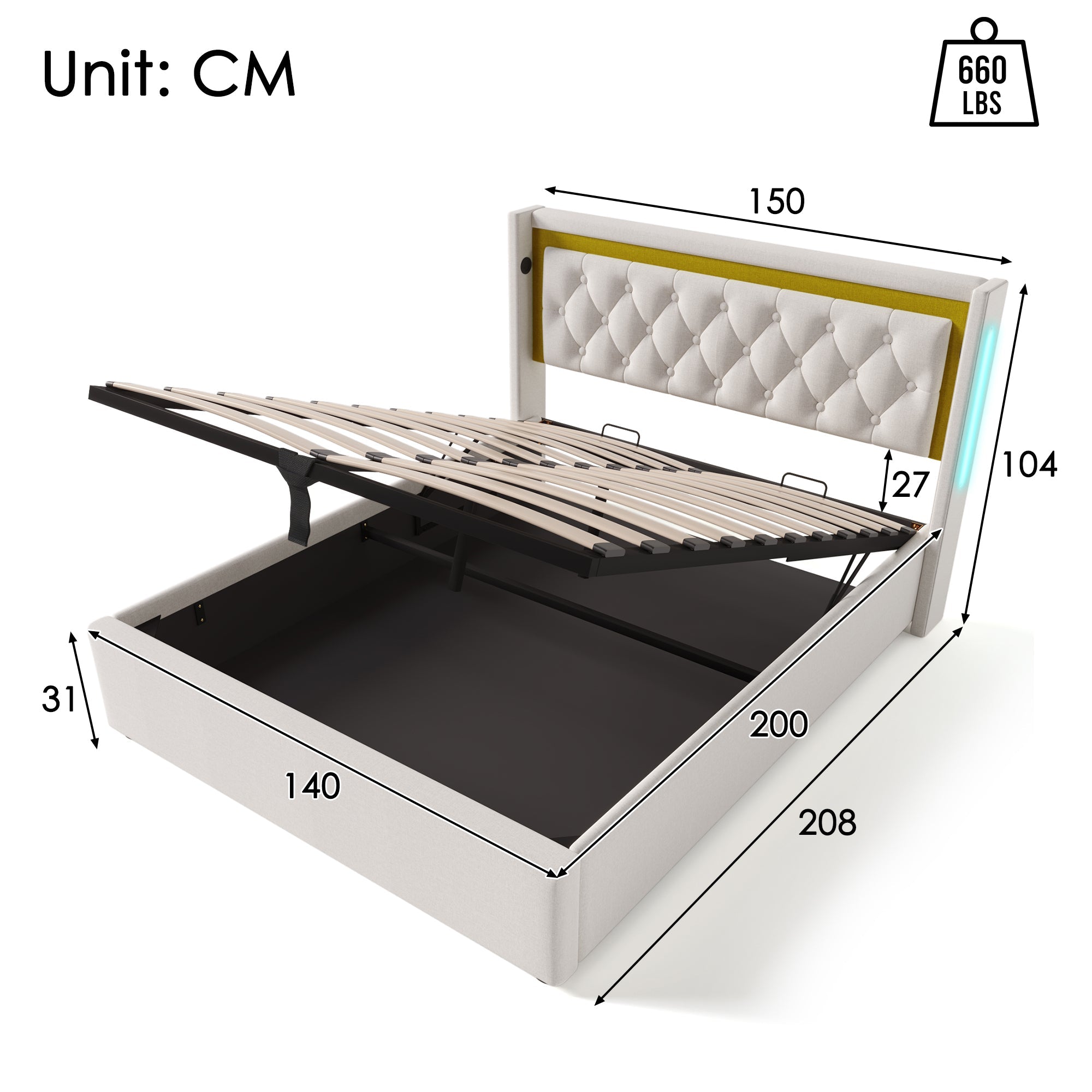 Logidon gestoffeerd bed 140x200 Beige Velvet LED opbergruimte USB-C
