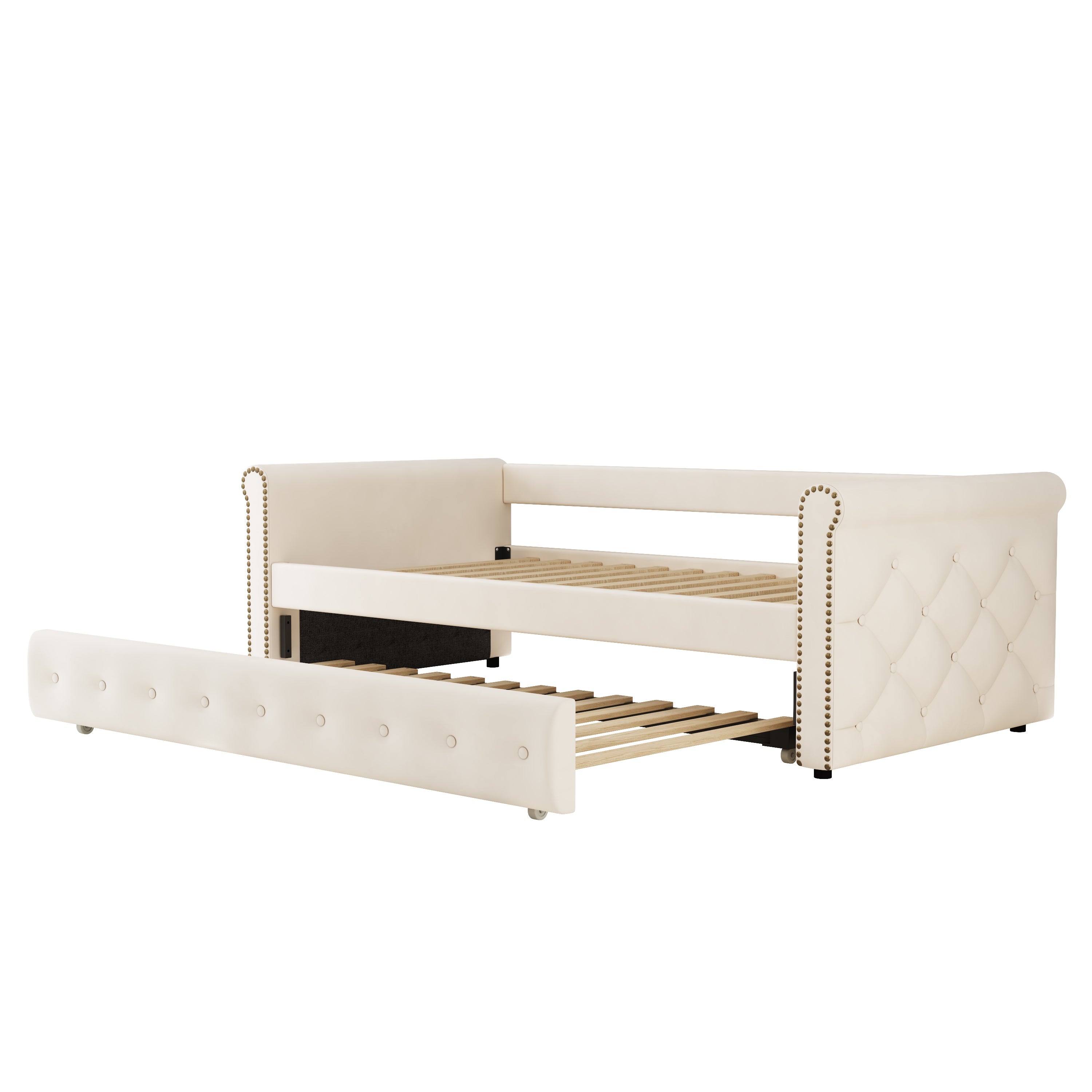 Logidon gestoffeerd bed 90x200 uitschuifbare slaapbank beige linnen stof
