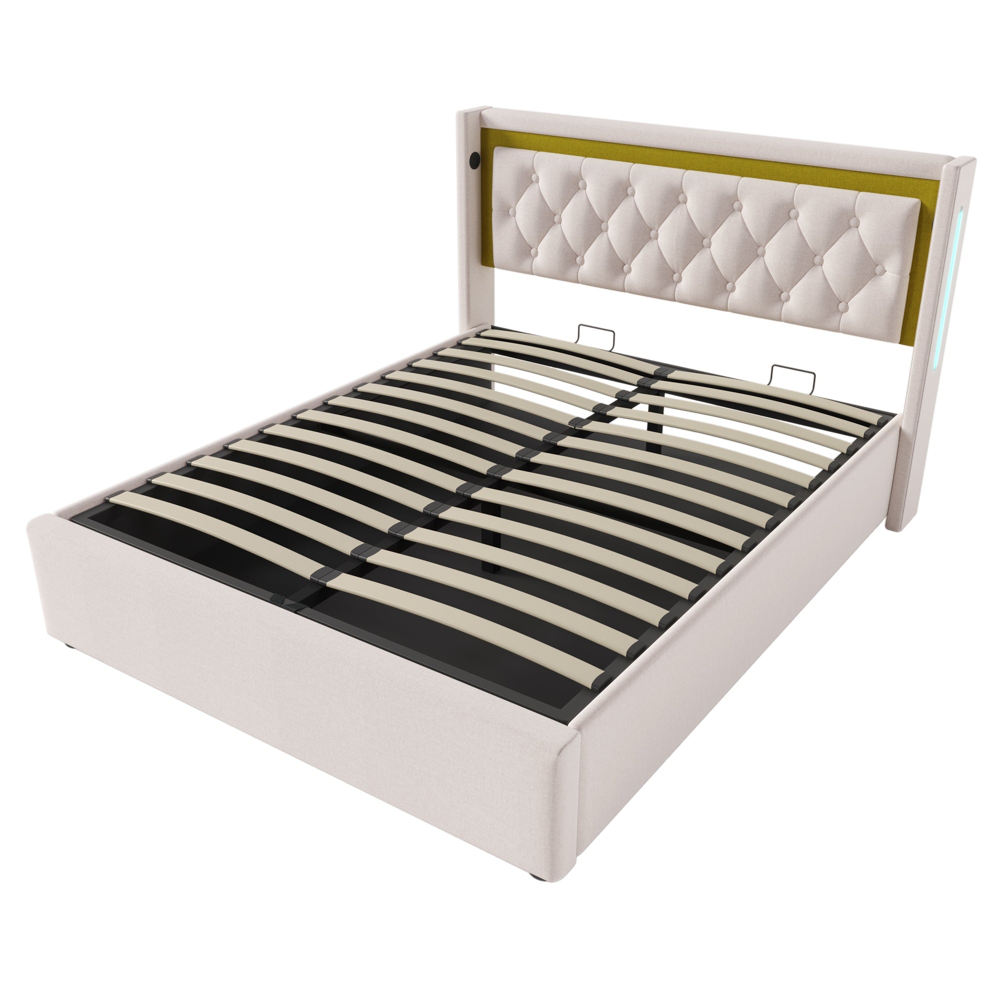 Logidon LED gestoffeerd bed beige 160x200 tweepersoonsbed met opbergruimte USB Type-C