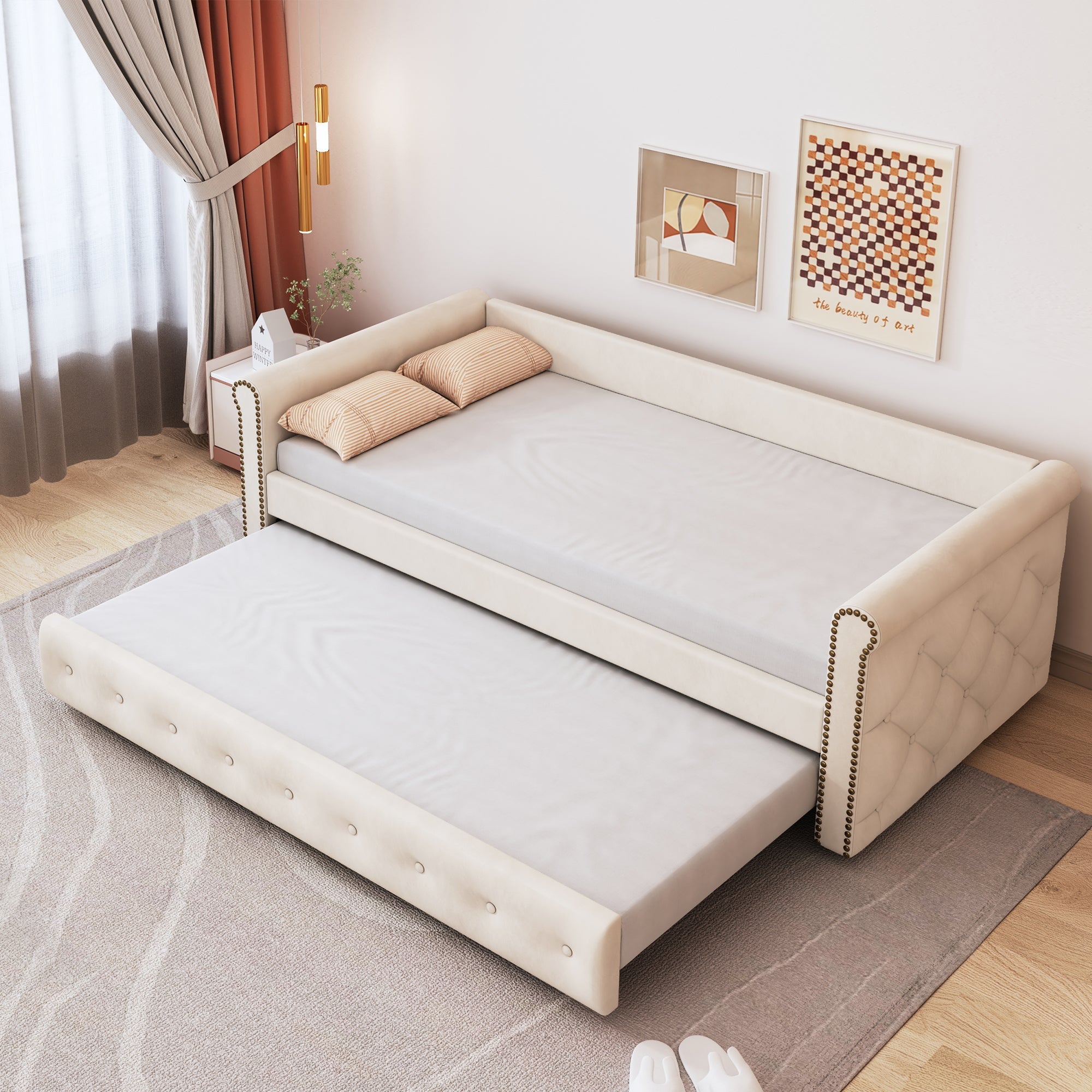 Logidon gestoffeerd bed 90x200 uitschuifbare slaapbank beige linnen stof