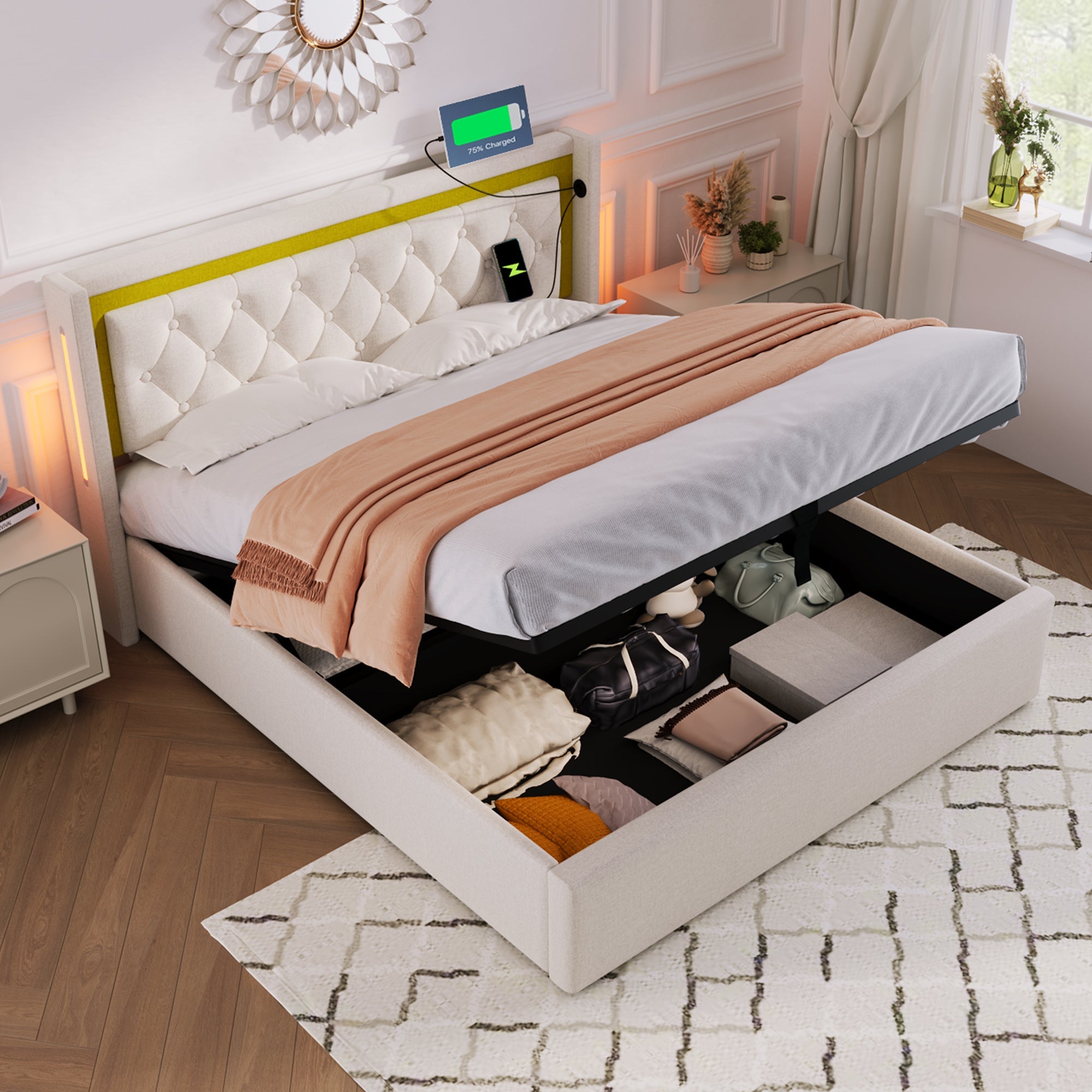 Logidon upholstered bed 140x200 Beige Velvet LED storage space USB-C