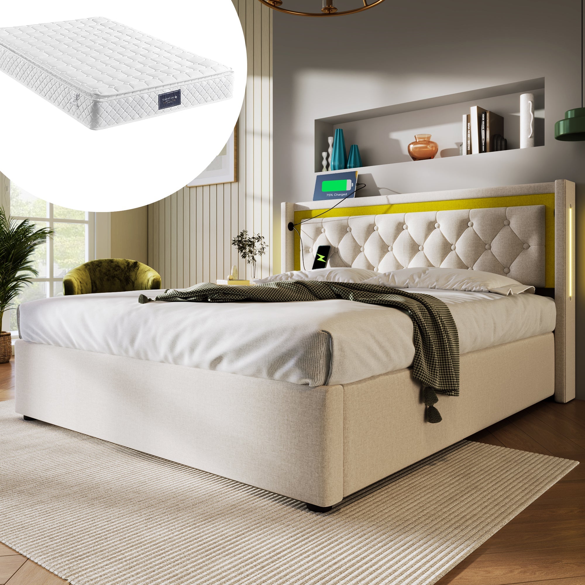 Logidon Gestoffeerd bed Tweepersoonsbed Opbergruimte en USB Type C Beige 160x200