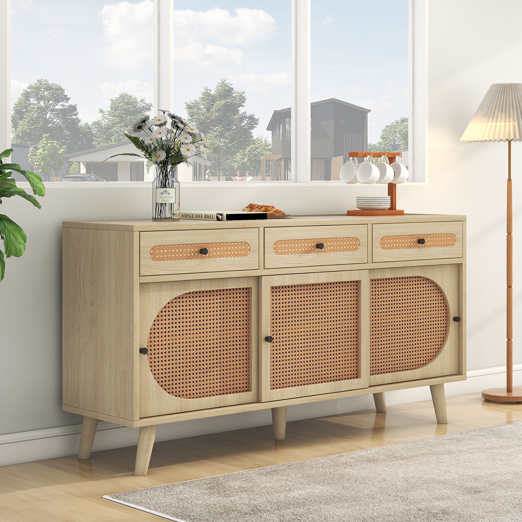 Logidon dressoir 140 cm Eikhout met PE kunststof rotan deuren