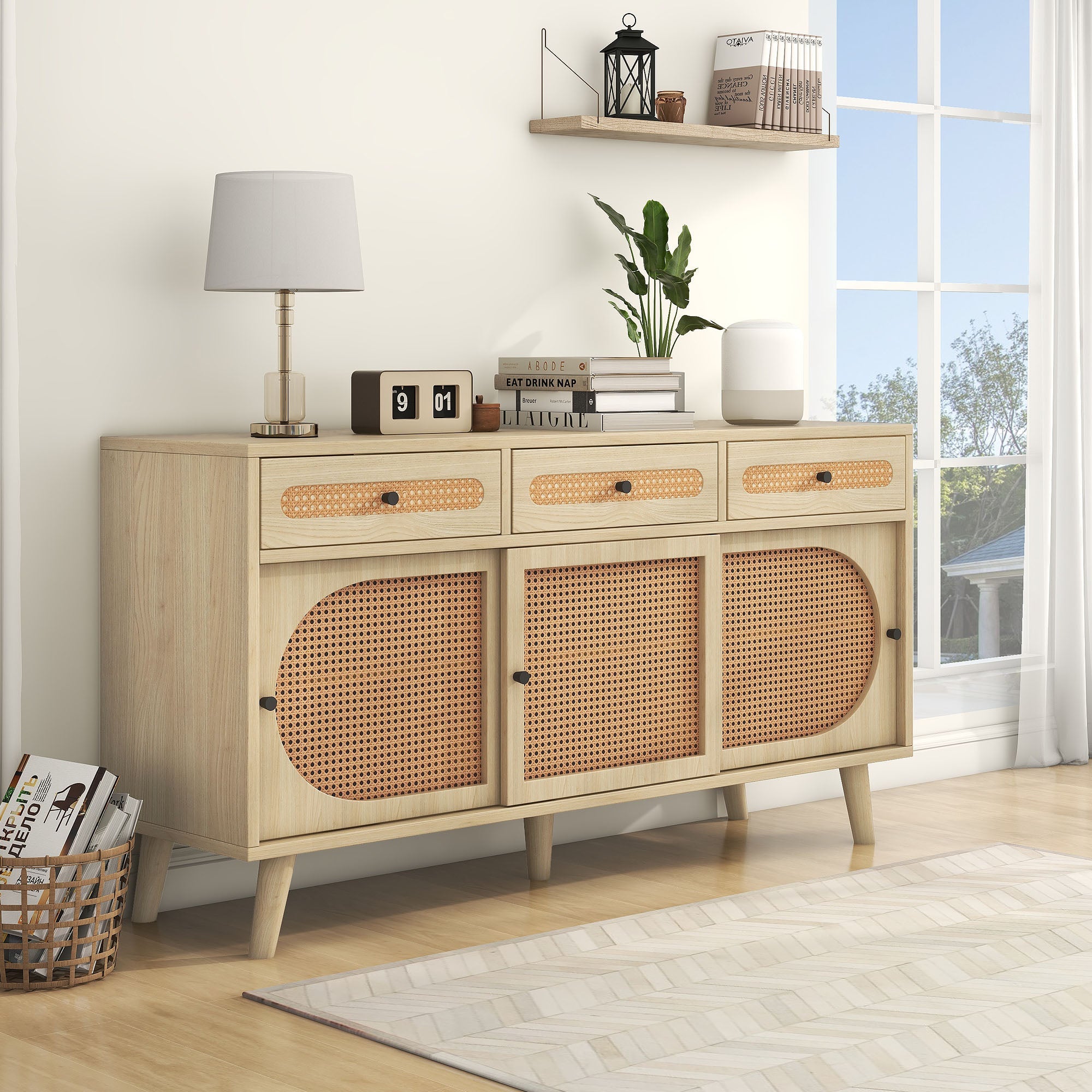 Logidon dressoir 140 cm Eikhout met PE kunststof rotan deuren