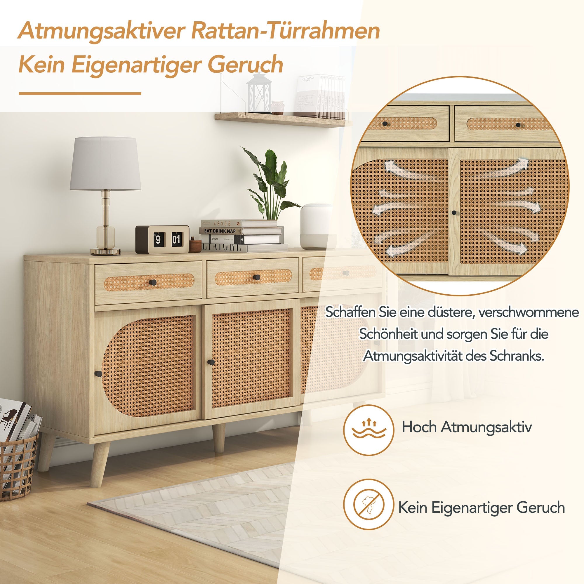 Logidon dressoir 140 cm Eikhout met PE kunststof rotan deuren