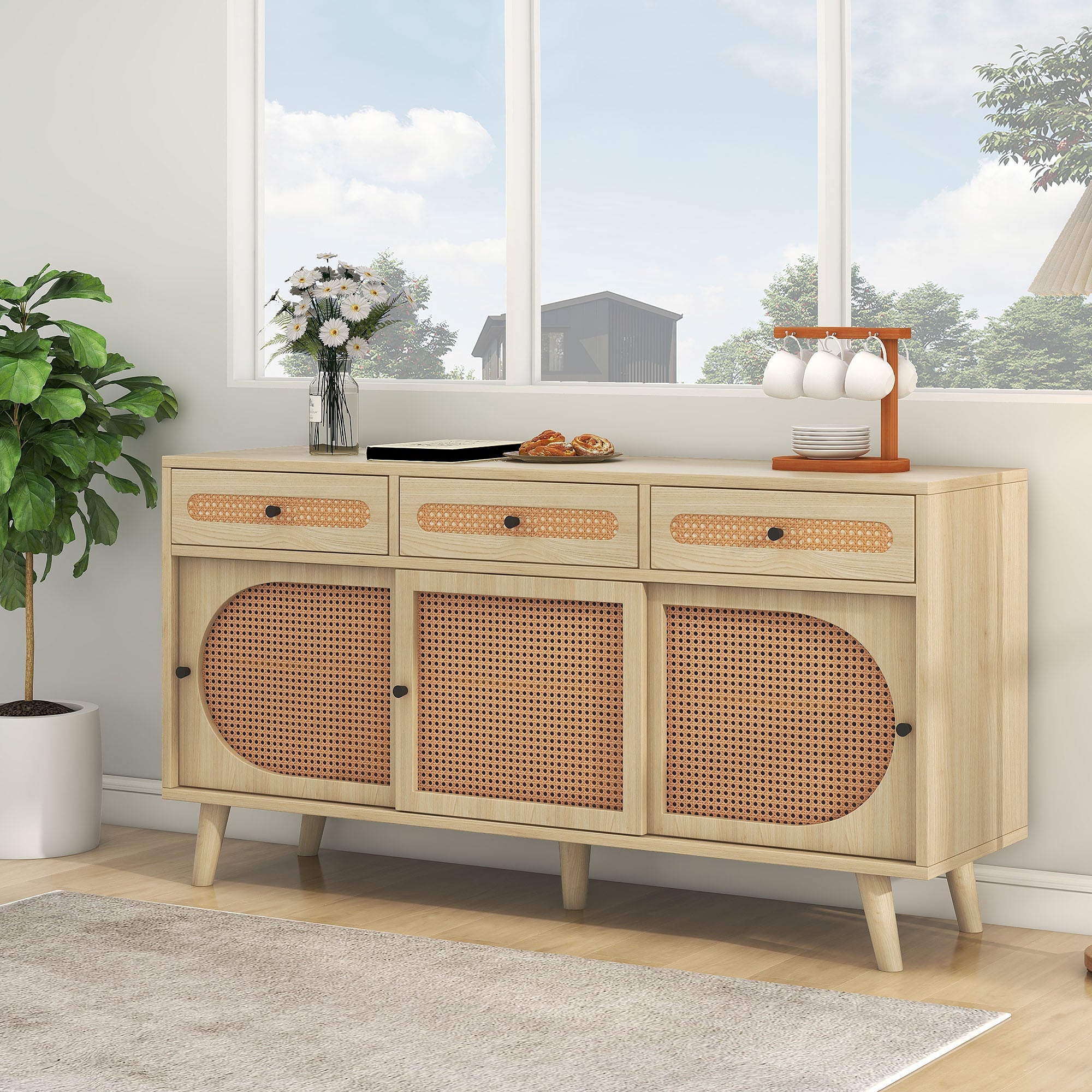 Logidon dressoir 140 cm Eikhout met PE kunststof rotan deuren