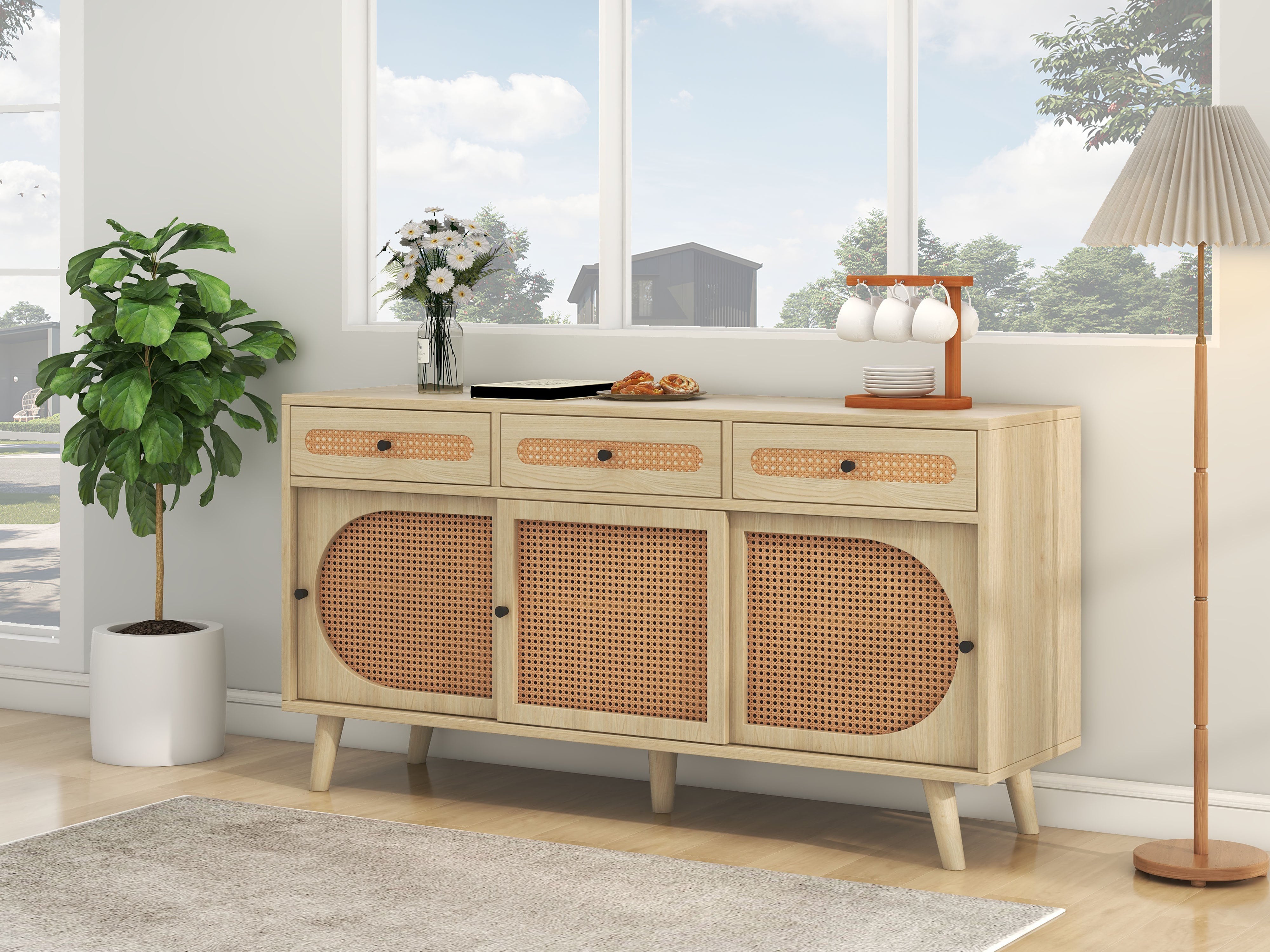 Logidon dressoir 140 cm Eikhout met PE kunststof rotan deuren