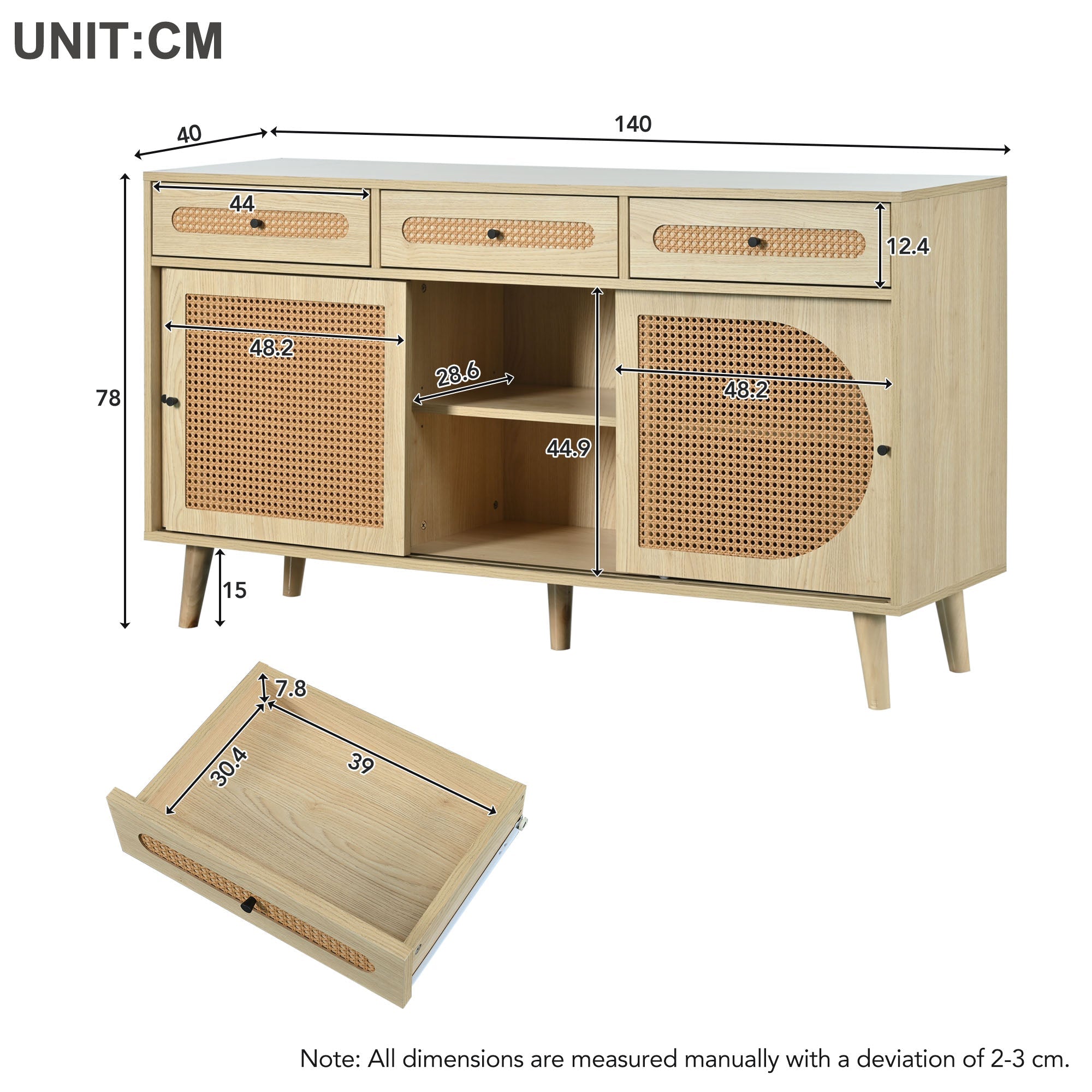 Logidon dressoir 140 cm Eikhout met PE kunststof rotan deuren
