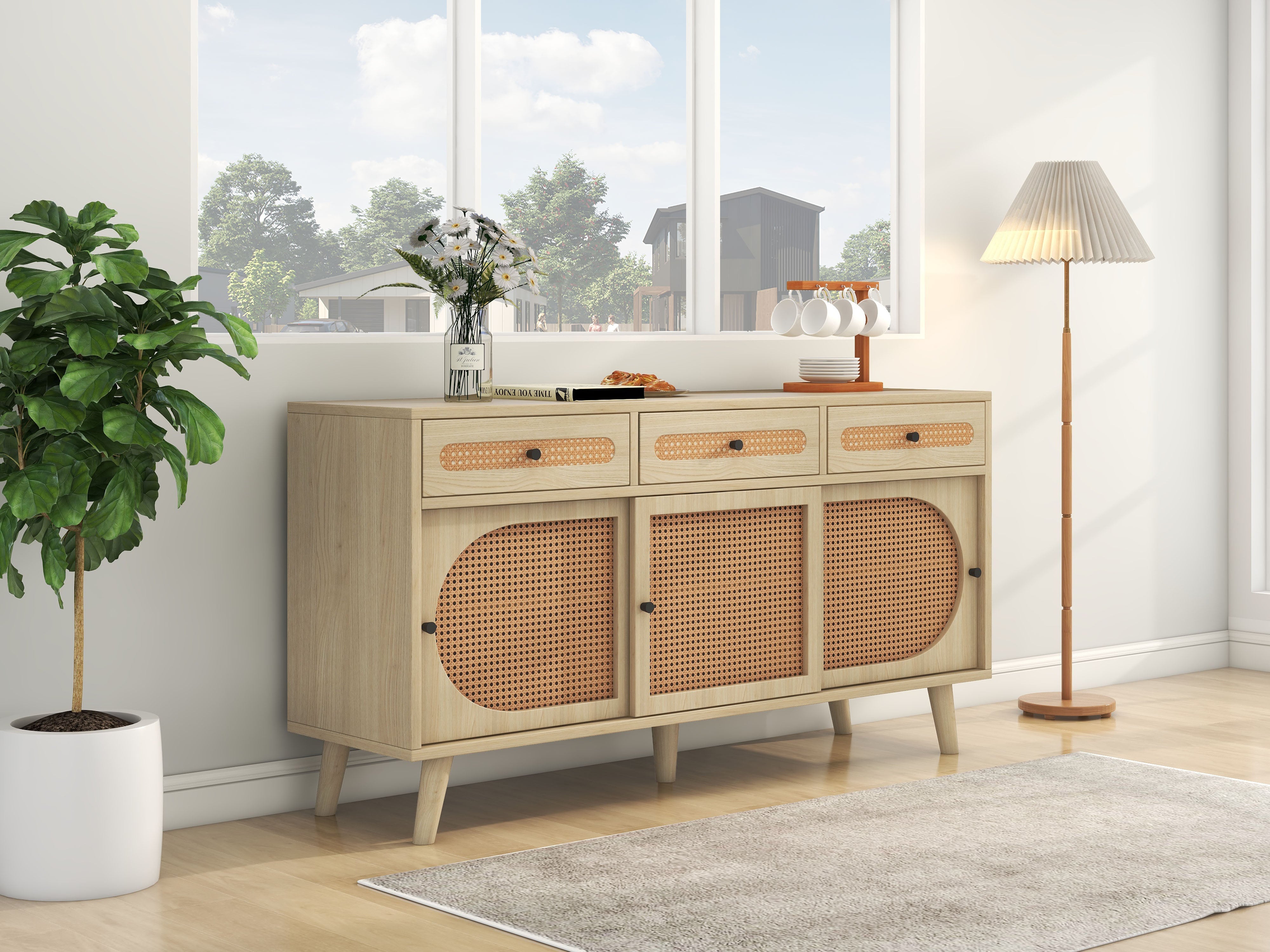 Logidon dressoir 140 cm Eikhout met PE kunststof rotan deuren