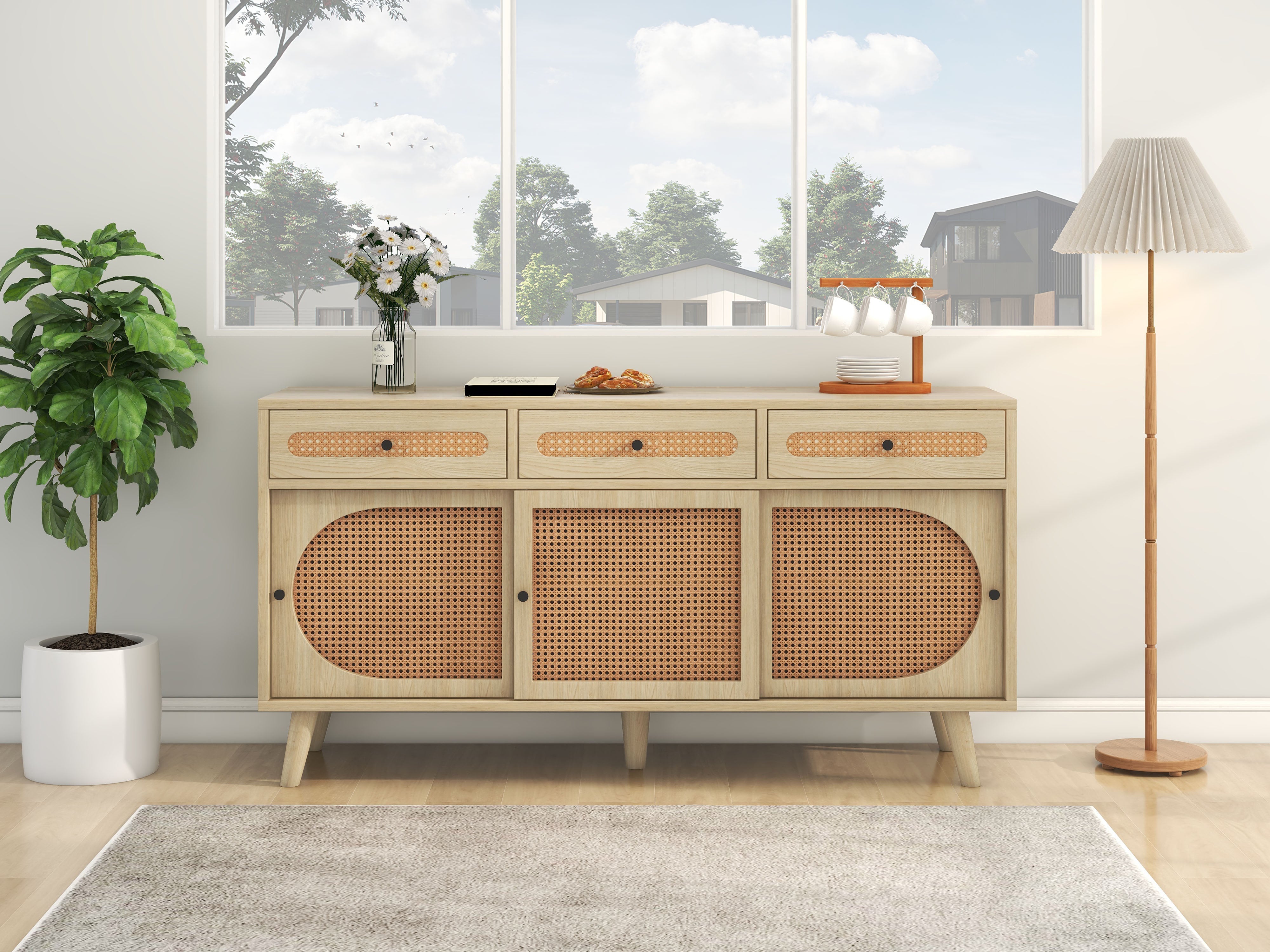 Logidon dressoir 140 cm Eikhout met PE kunststof rotan deuren