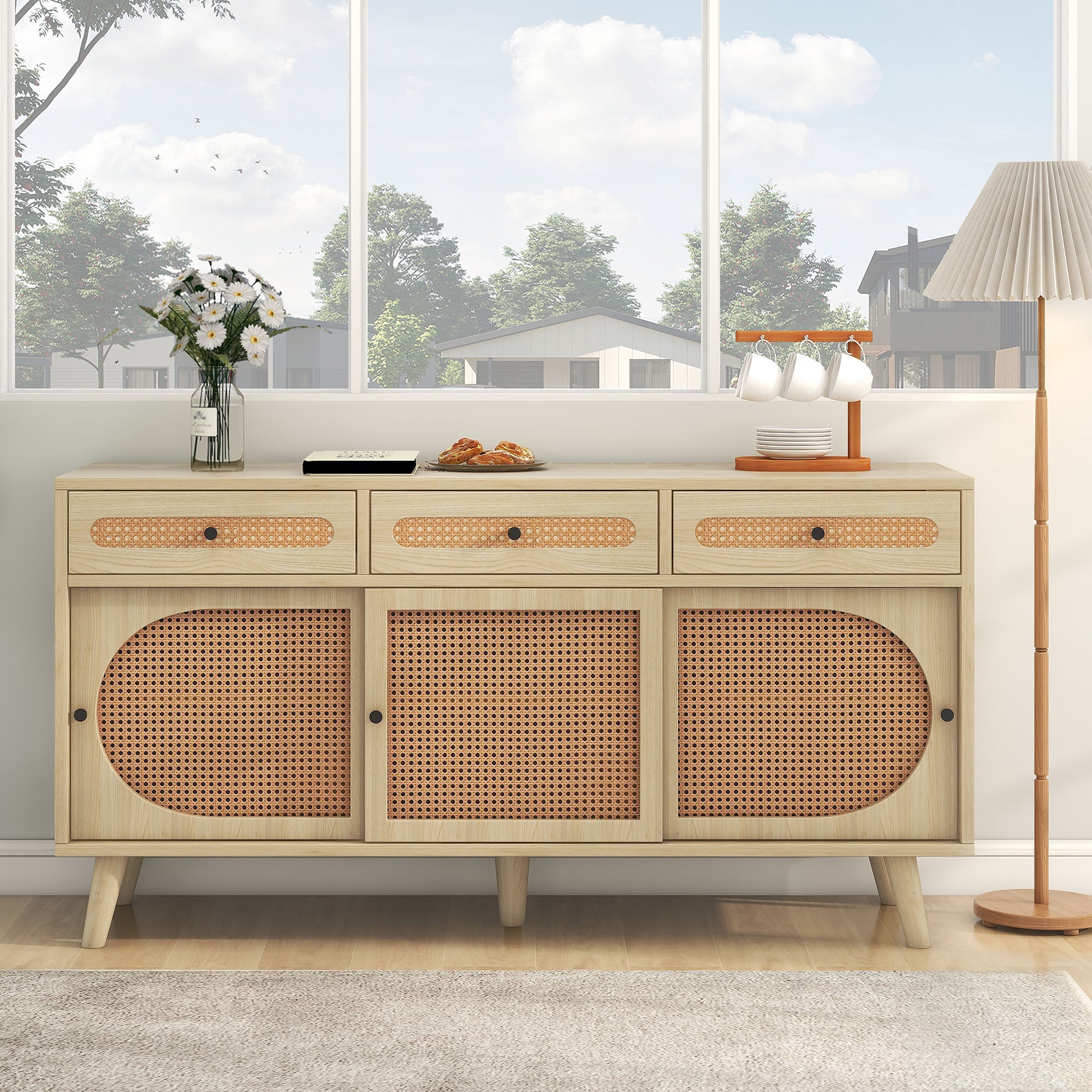 Logidon dressoir 140 cm Eikhout met PE kunststof rotan deuren