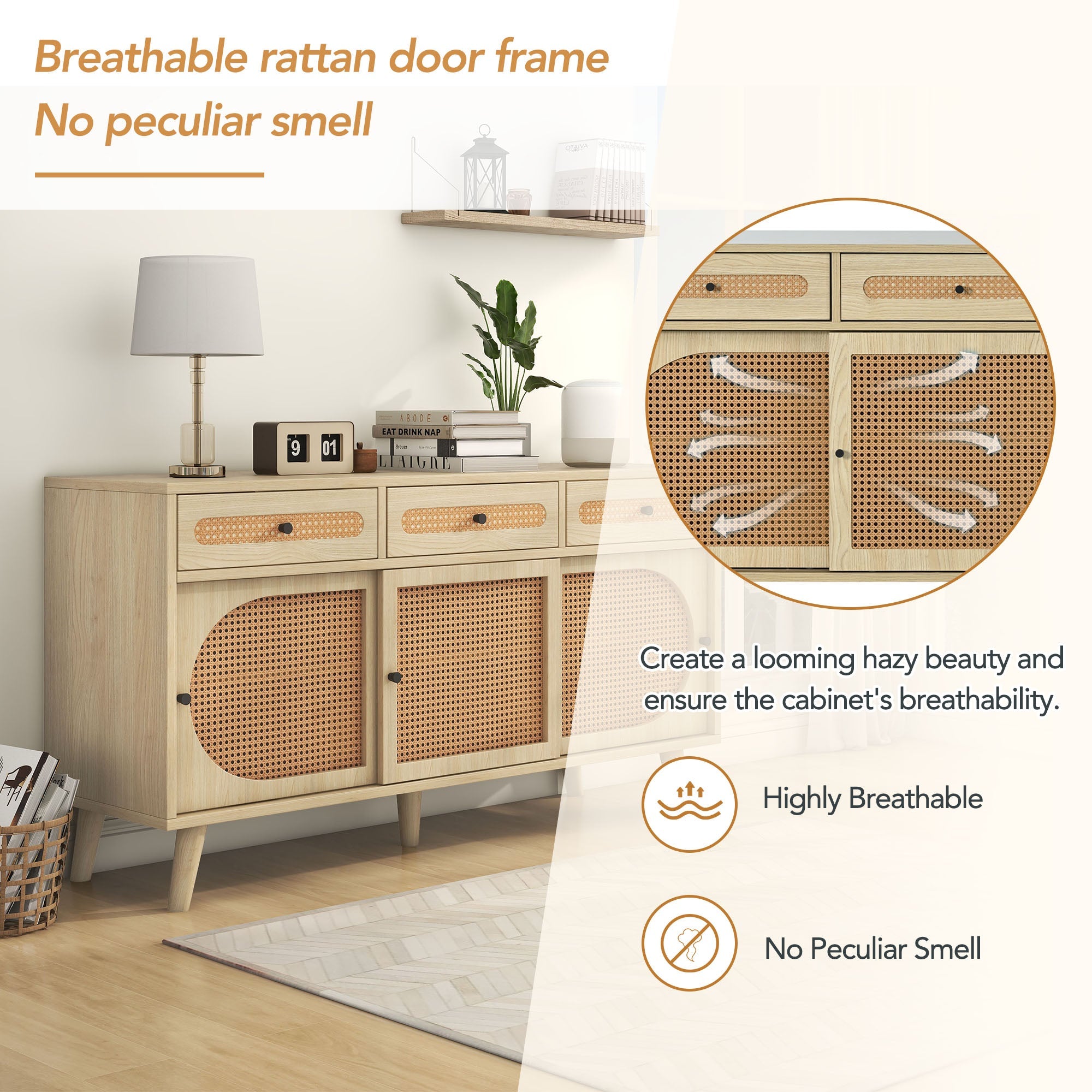 Logidon dressoir 140 cm Eikhout met PE kunststof rotan deuren