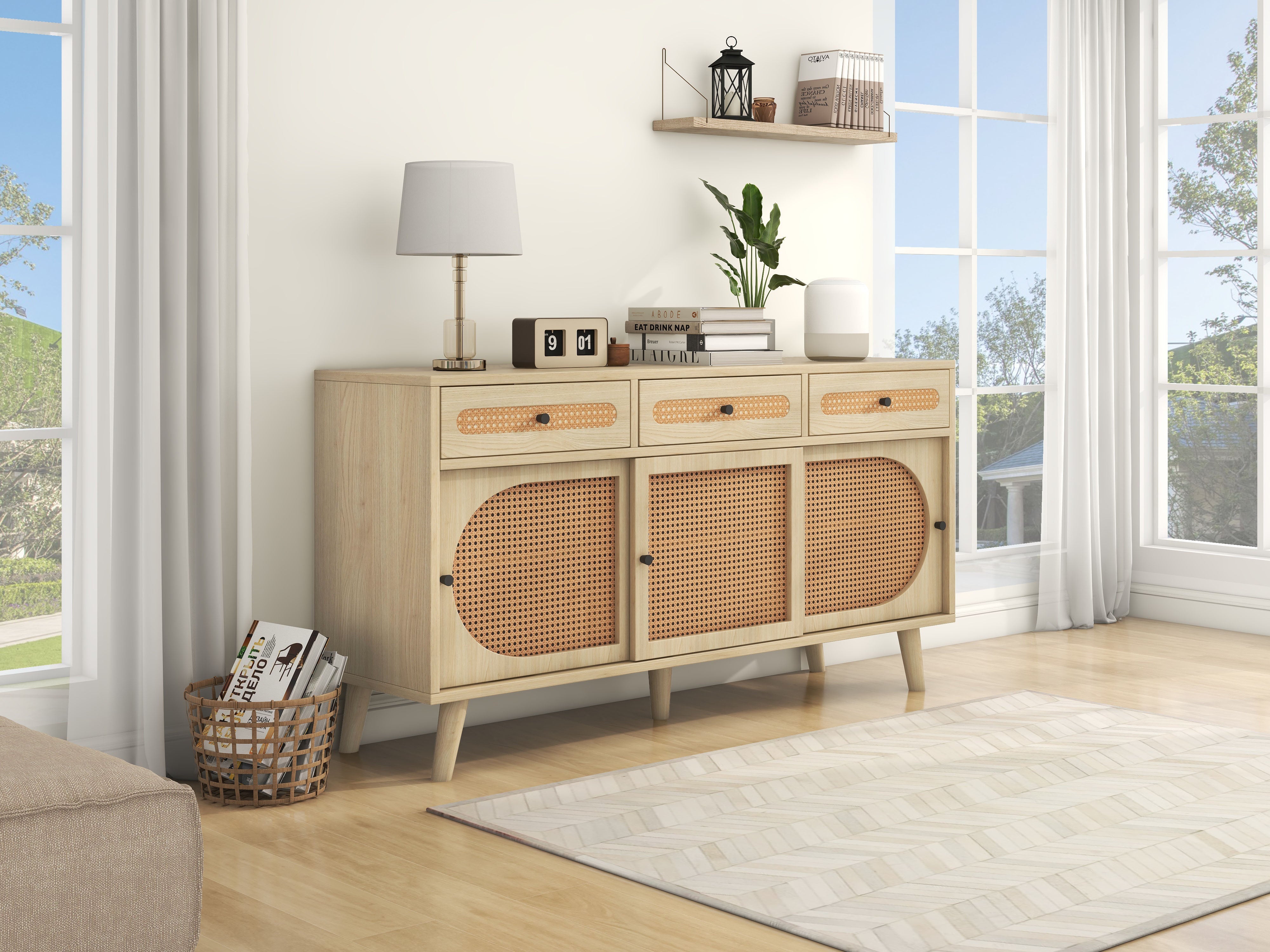 Logidon dressoir 140 cm Eikhout met PE kunststof rotan deuren