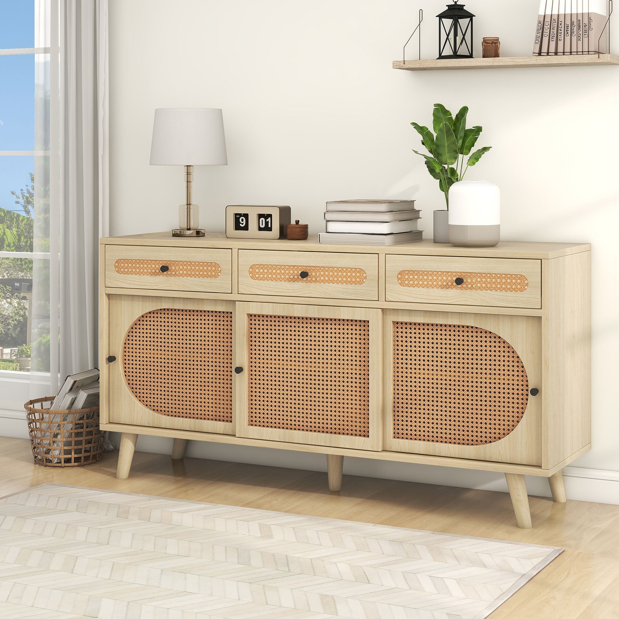 Logidon dressoir 140 cm Eikhout met PE kunststof rotan deuren