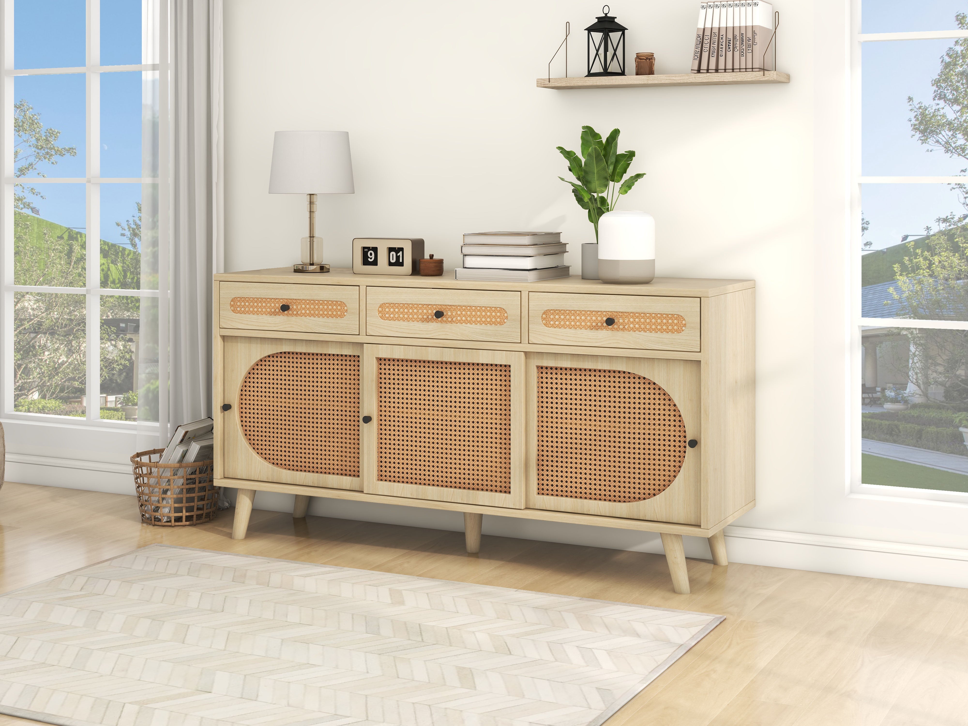 Logidon dressoir 140 cm Eikhout met PE kunststof rotan deuren