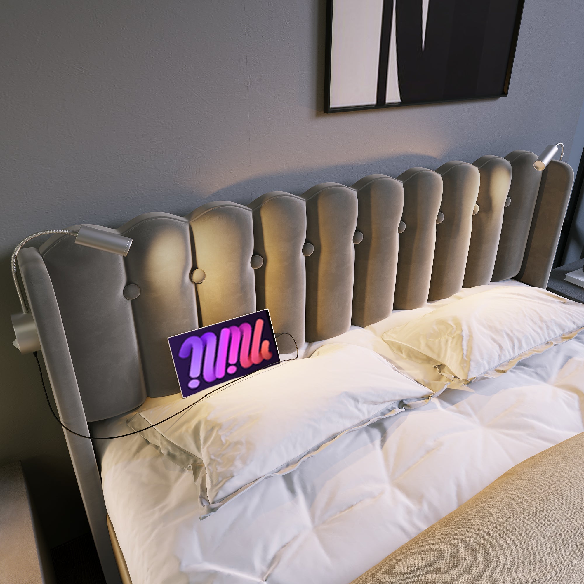 Logidon gestoffeerd bed 140x200 met leeslampje en USB-oplaadfunctie grijs