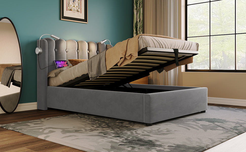 Logidon gestoffeerd bed 90x200 fluweelgrijs met leeslamp oplaadfunctie