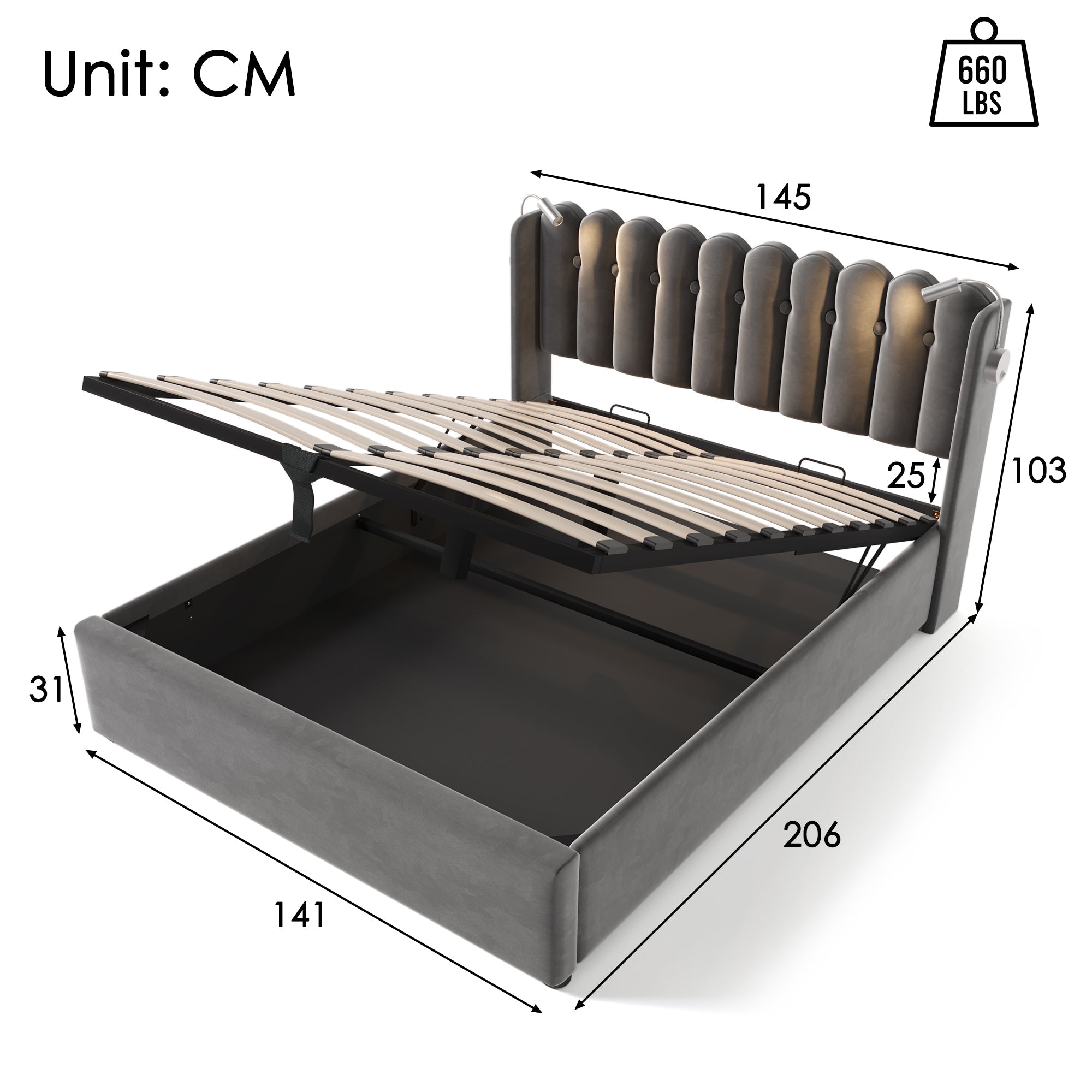 Logidon gestoffeerd bed 140x200 met leeslampje en USB-oplaadfunctie grijs