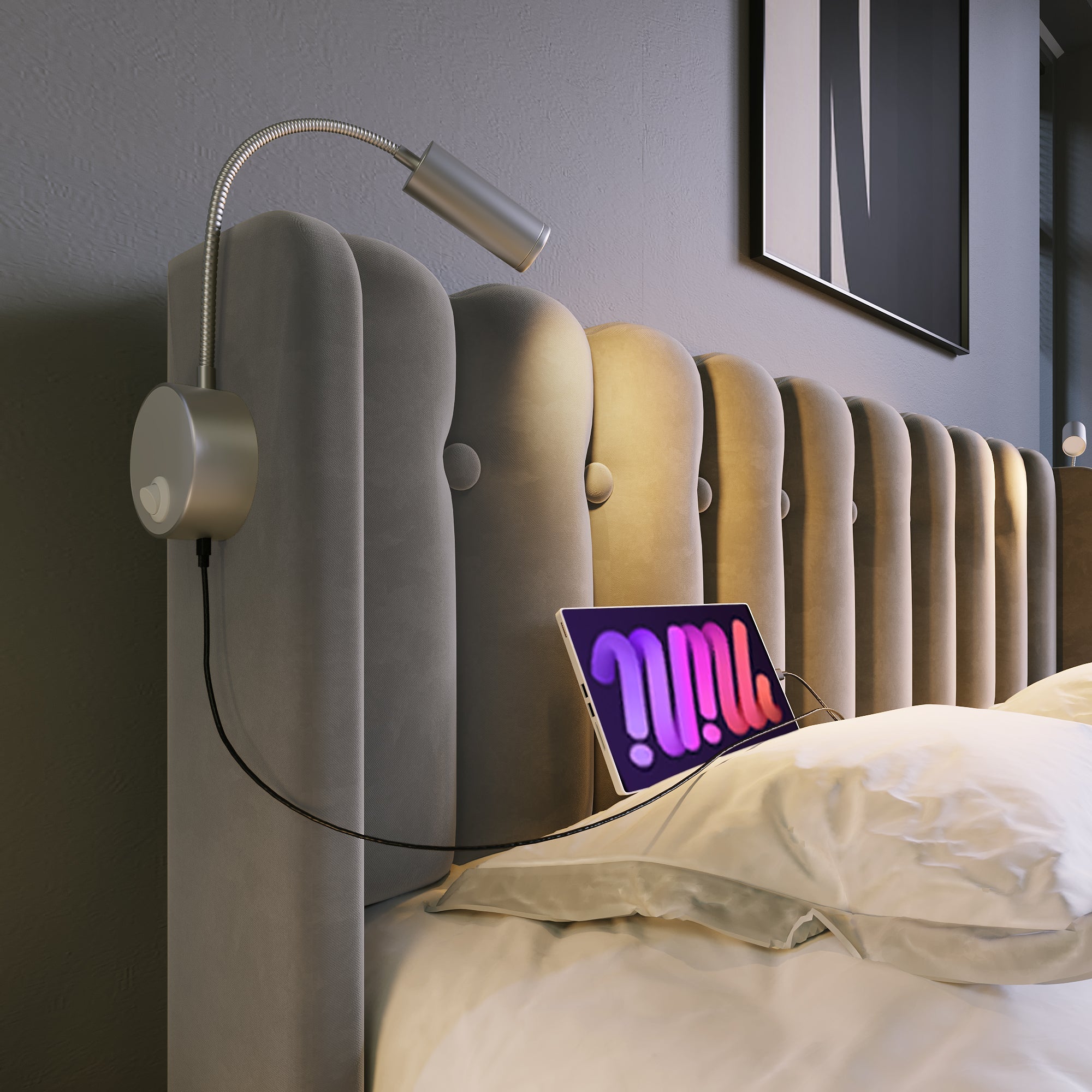 Logidon upholstered bed 140x200 gray with reading light and charging function