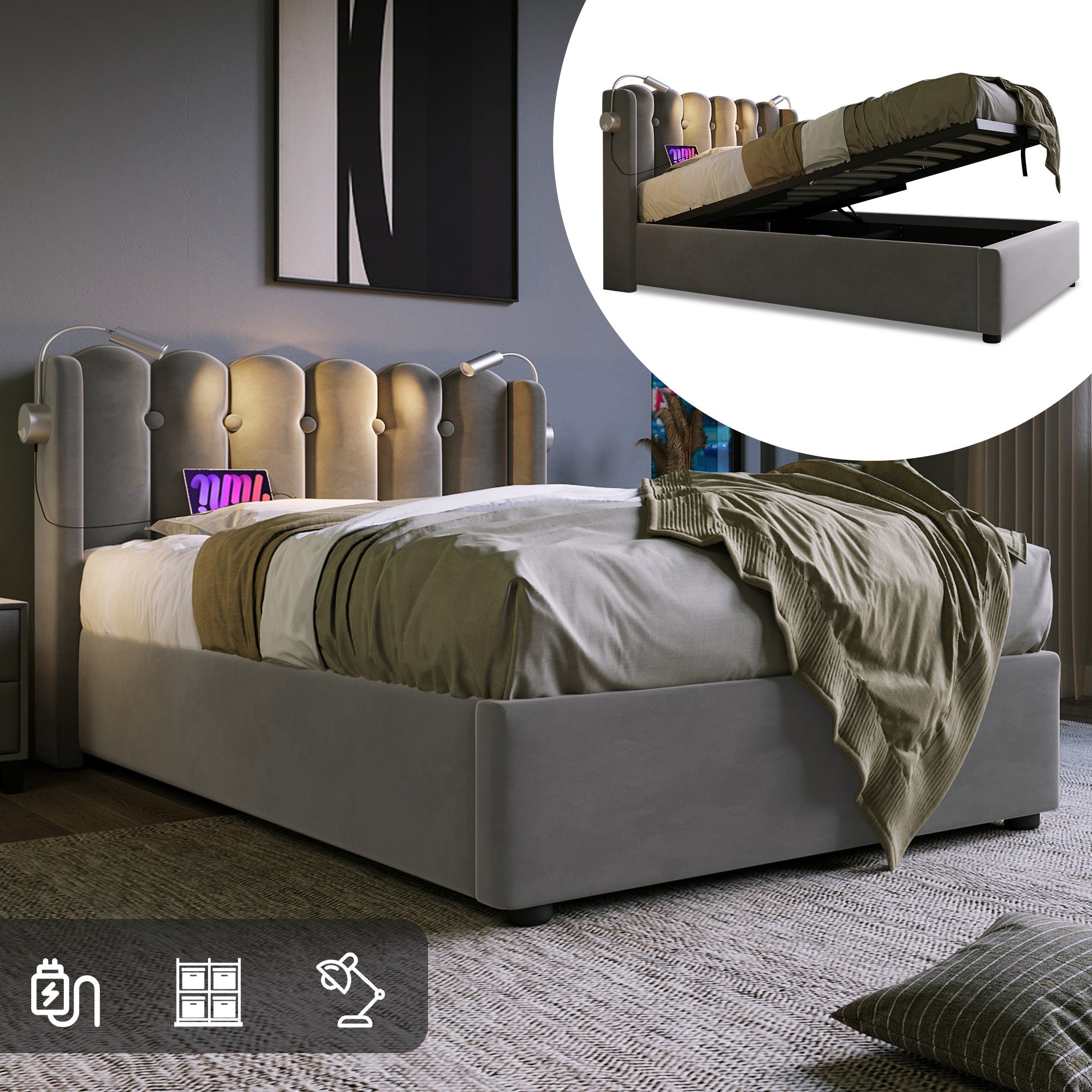 Logidon gestoffeerd bed 90x200 fluweelgrijs met leeslamp oplaadfunctie