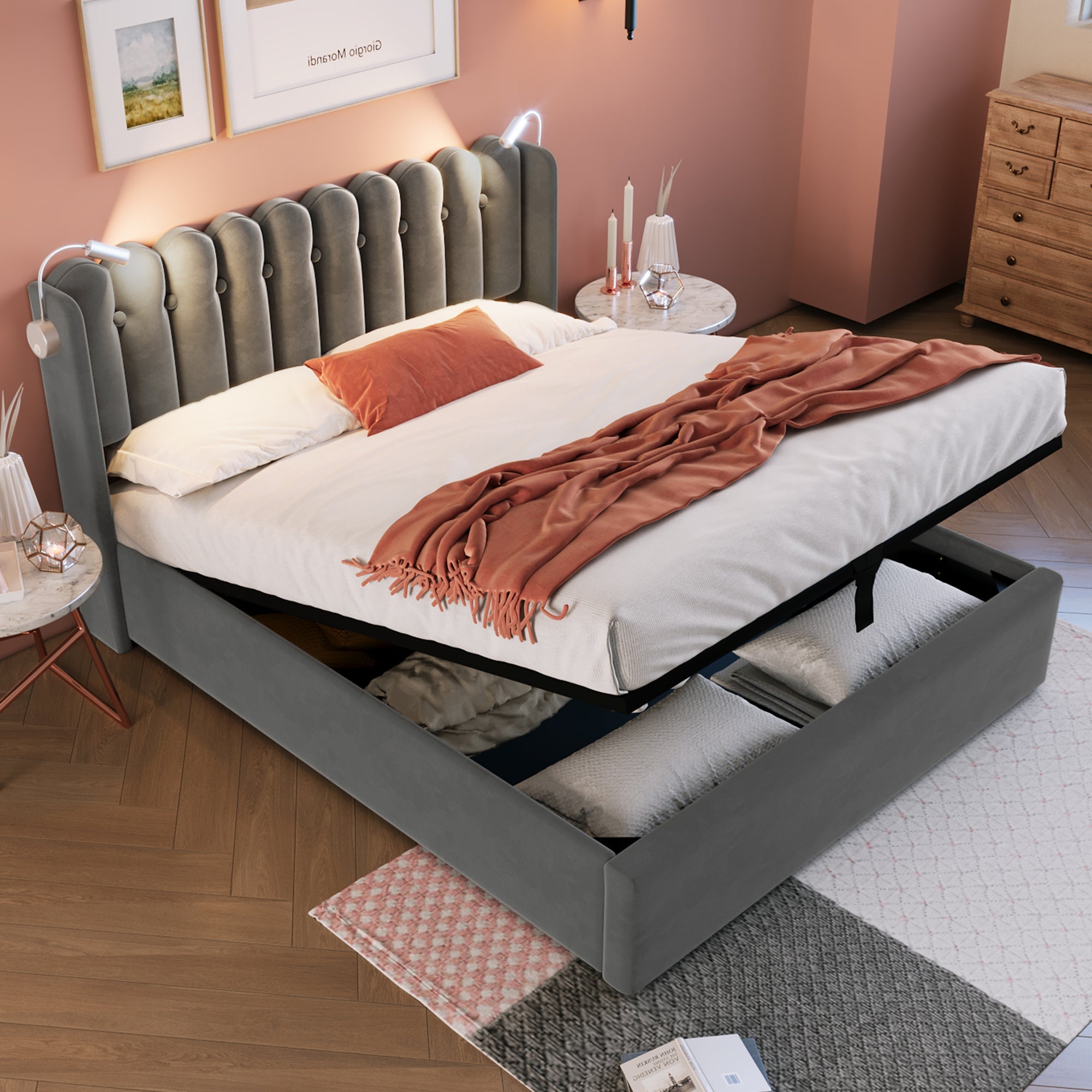 Logidon gestoffeerd bed 160x200 grijs fluweel met leeslampje en oplaadfunctie